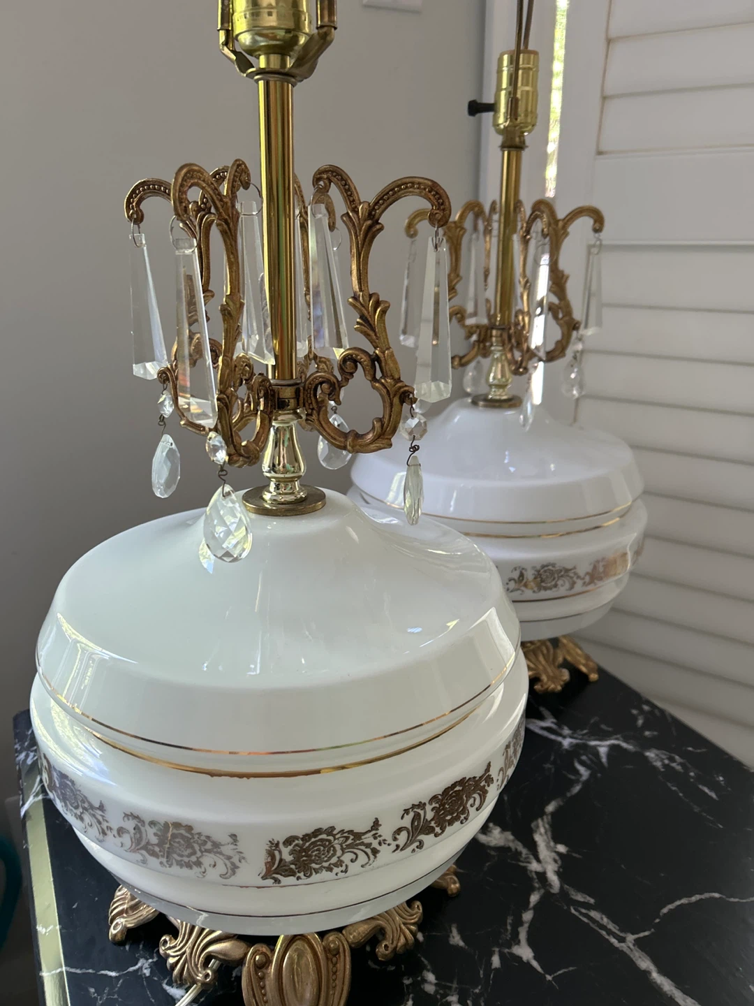 Pair of Vintage White & Gold Table Lamps with Crystal Accents - photo 2