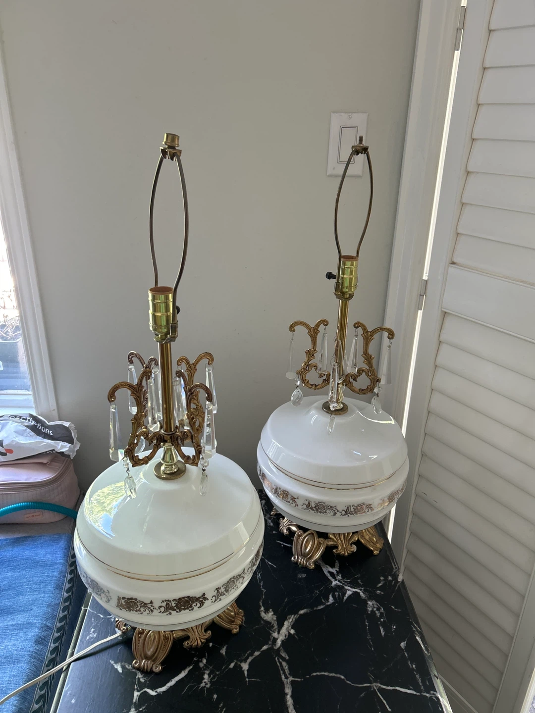 Pair of Vintage White & Gold Table Lamps with Crystal Accents