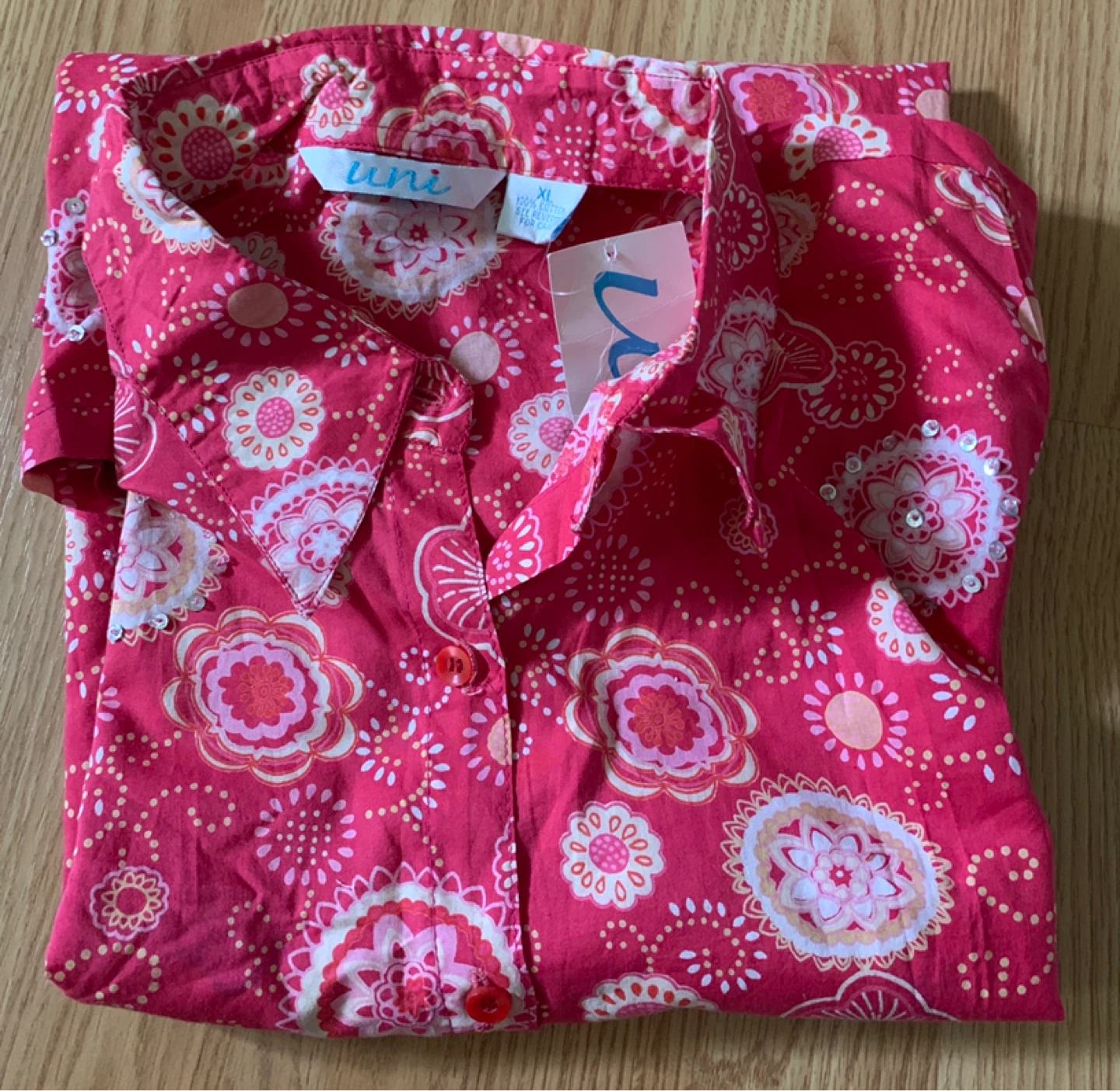 Uni Women's Red Floral Print Cotton Button-Up Shirt XL - photo 3