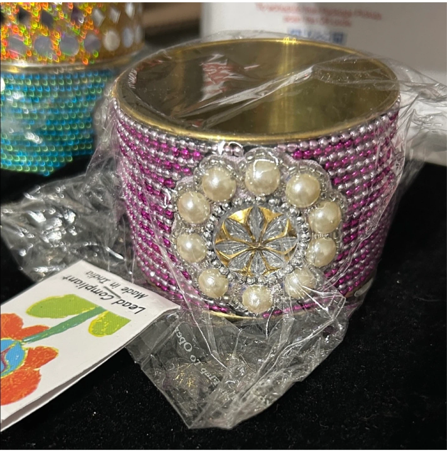 Pink and Silver Beaded Bangle Bracelet with Pearls - photo 3