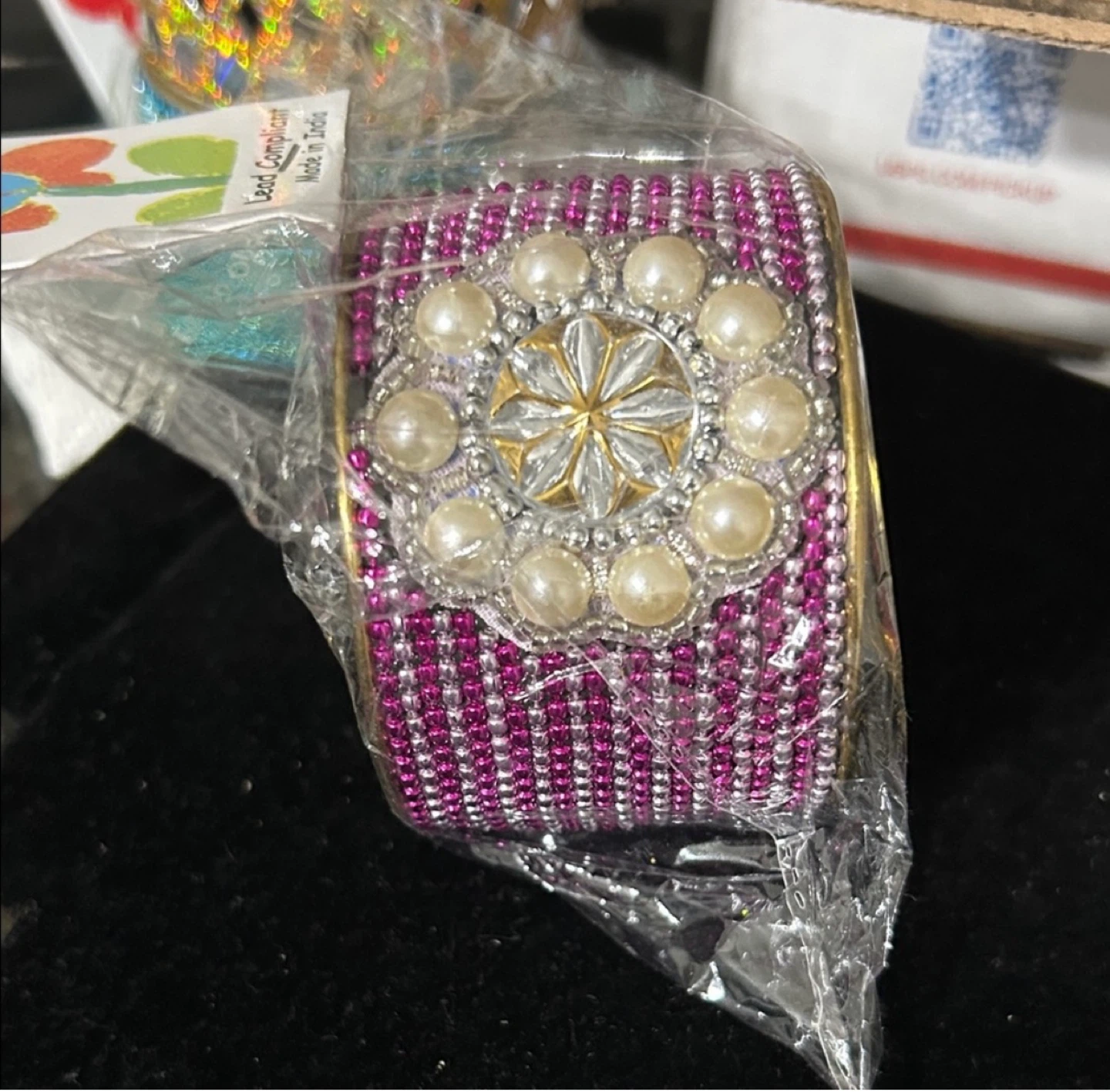 Pink and Silver Beaded Bangle Bracelet with Pearls
