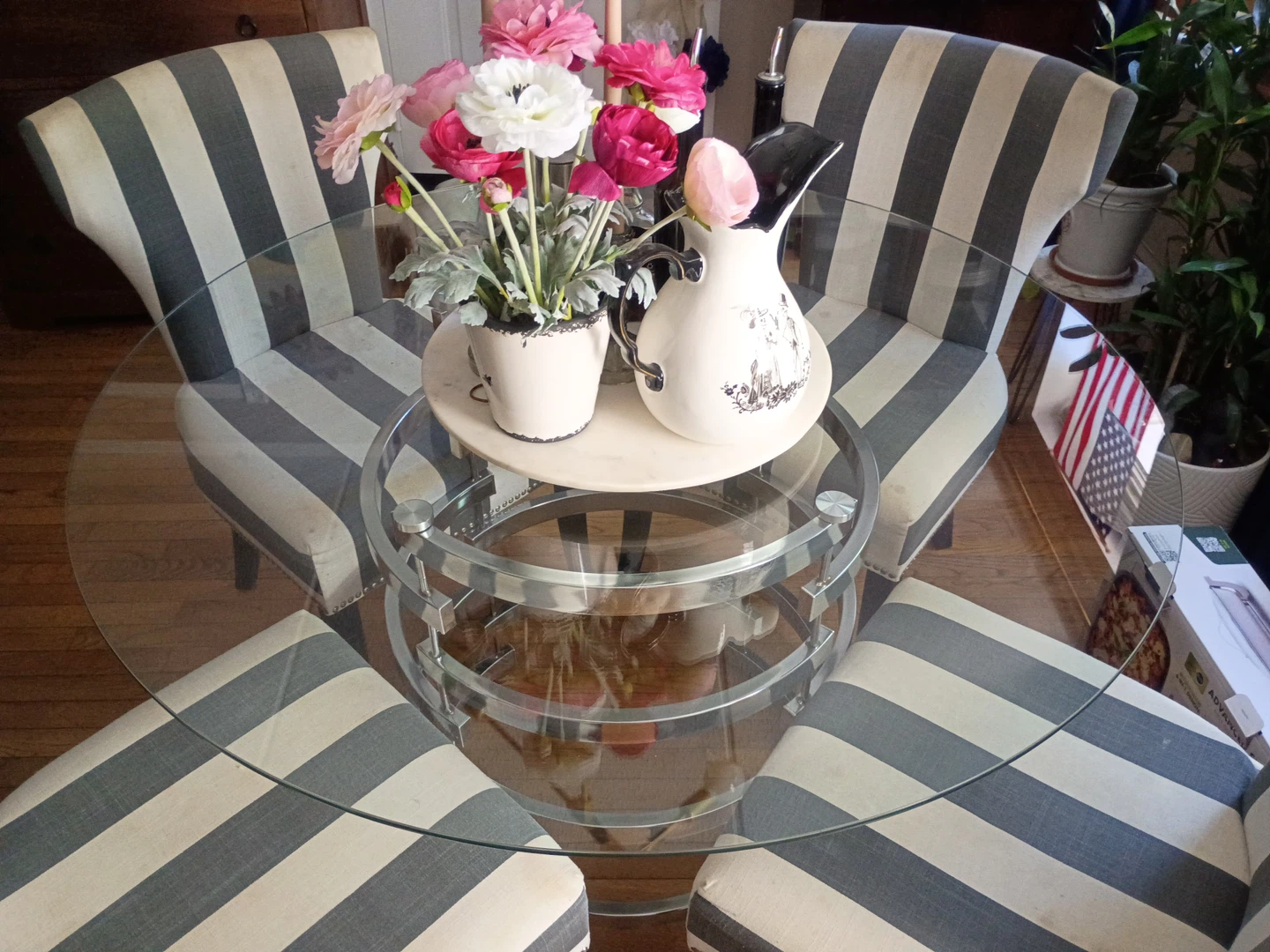 Round Glass Dining Table with 4 Striped Chairs