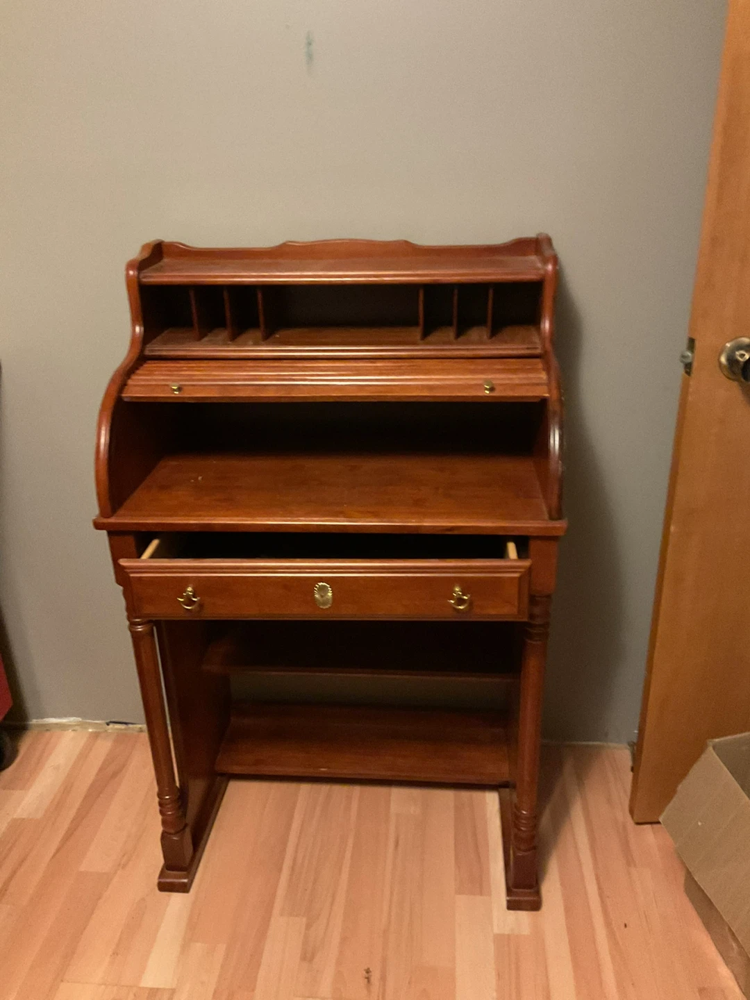 Roll-top wooden writing desk