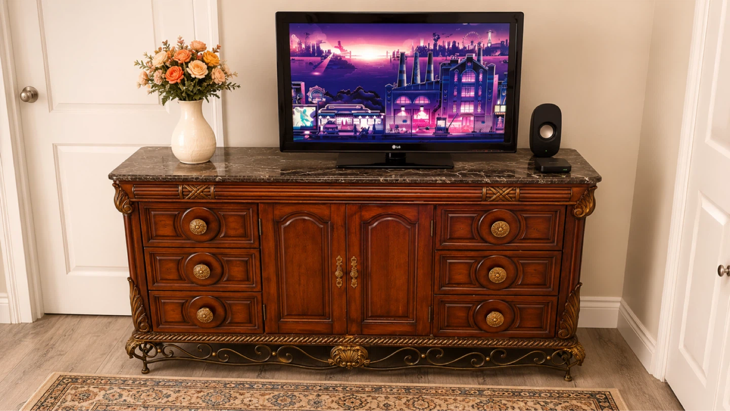 Wooden Dresser with Marble Top and 2 side tables with drawers
