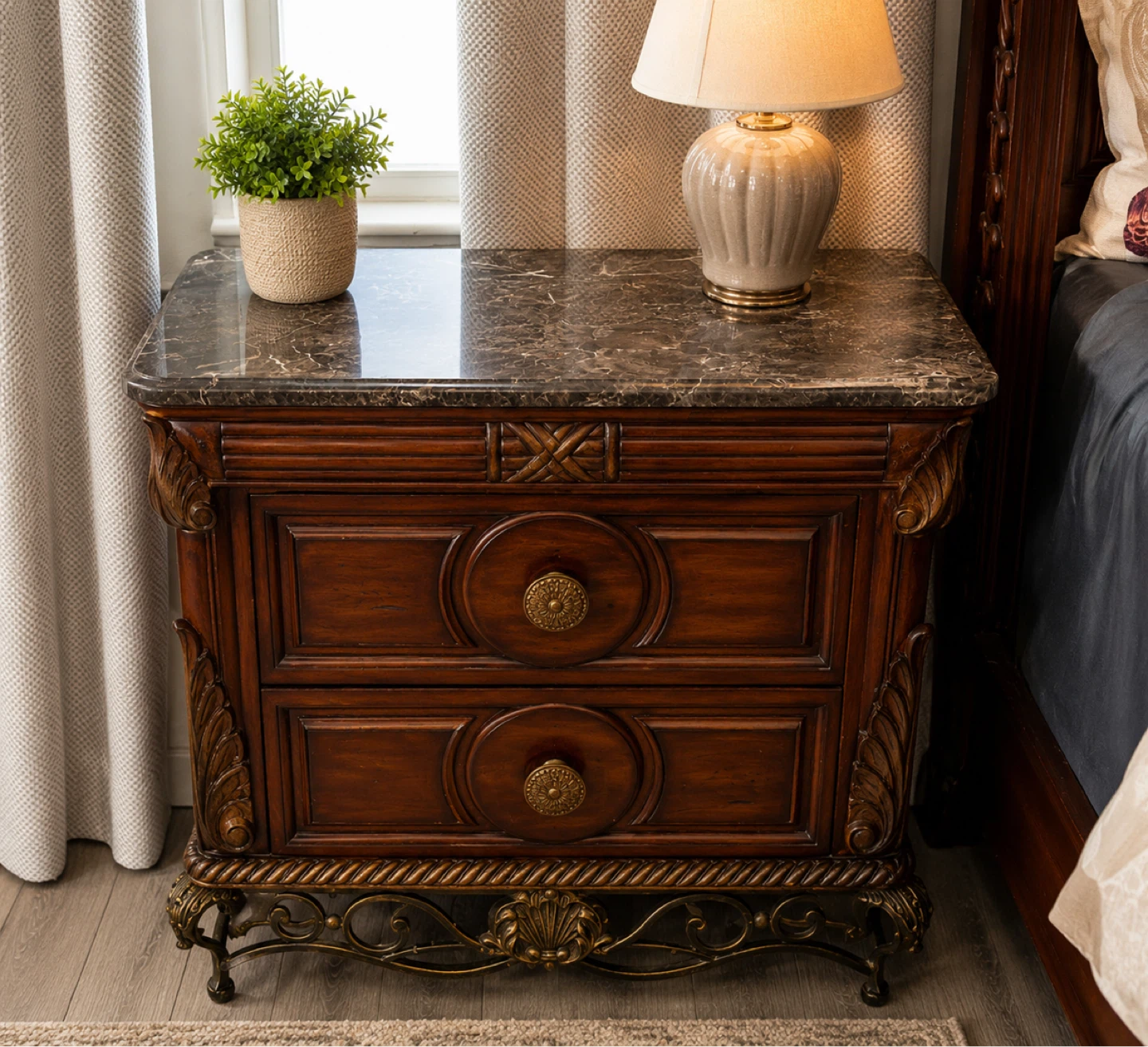Wooden Dresser with Marble Top and 2 side tables with drawers - photo 3