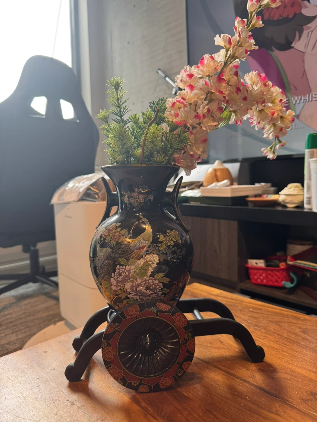 Decorative Black Vase with Peacock and Floral Design