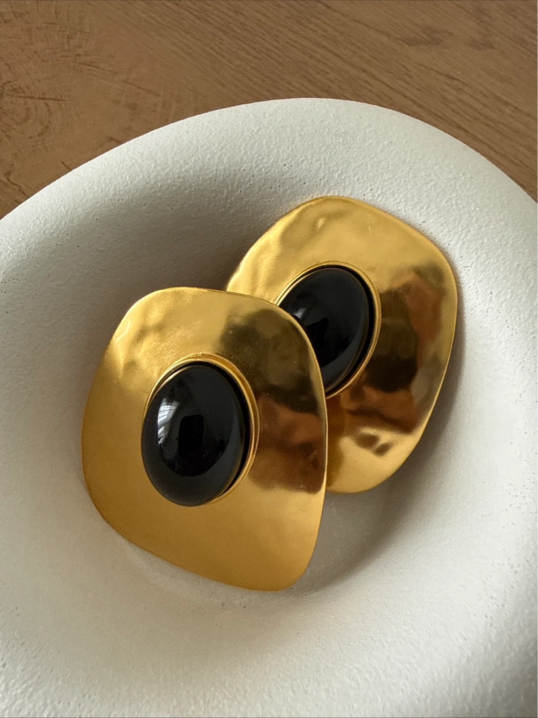 Large Gold Tone Clip-On Earrings with Black Stone - photo 2