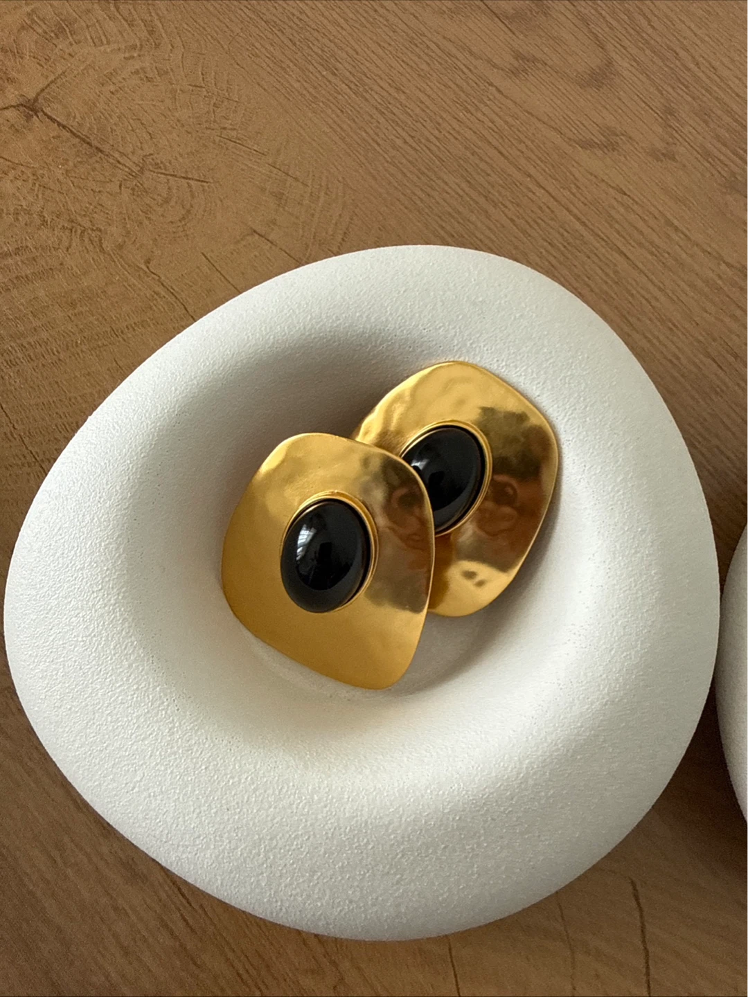 Large Gold Tone Clip-On Earrings with Black Stone