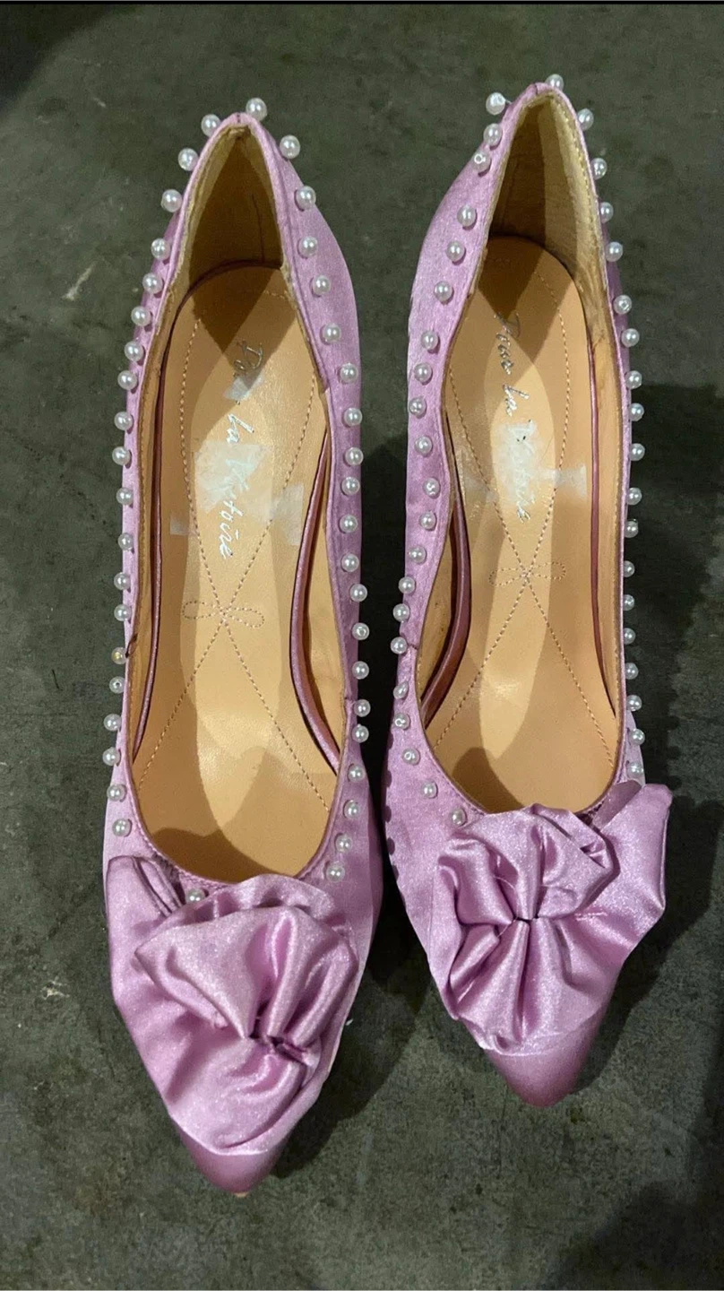 Satin Wedge Heels with Pearls and Bows - photo 2