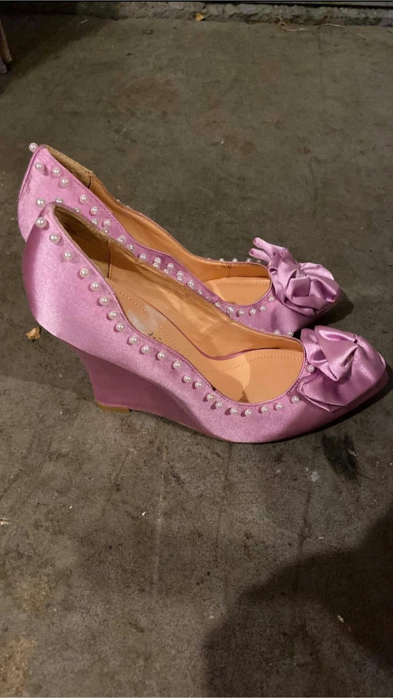 Satin Wedge Heels with Pearls and Bows