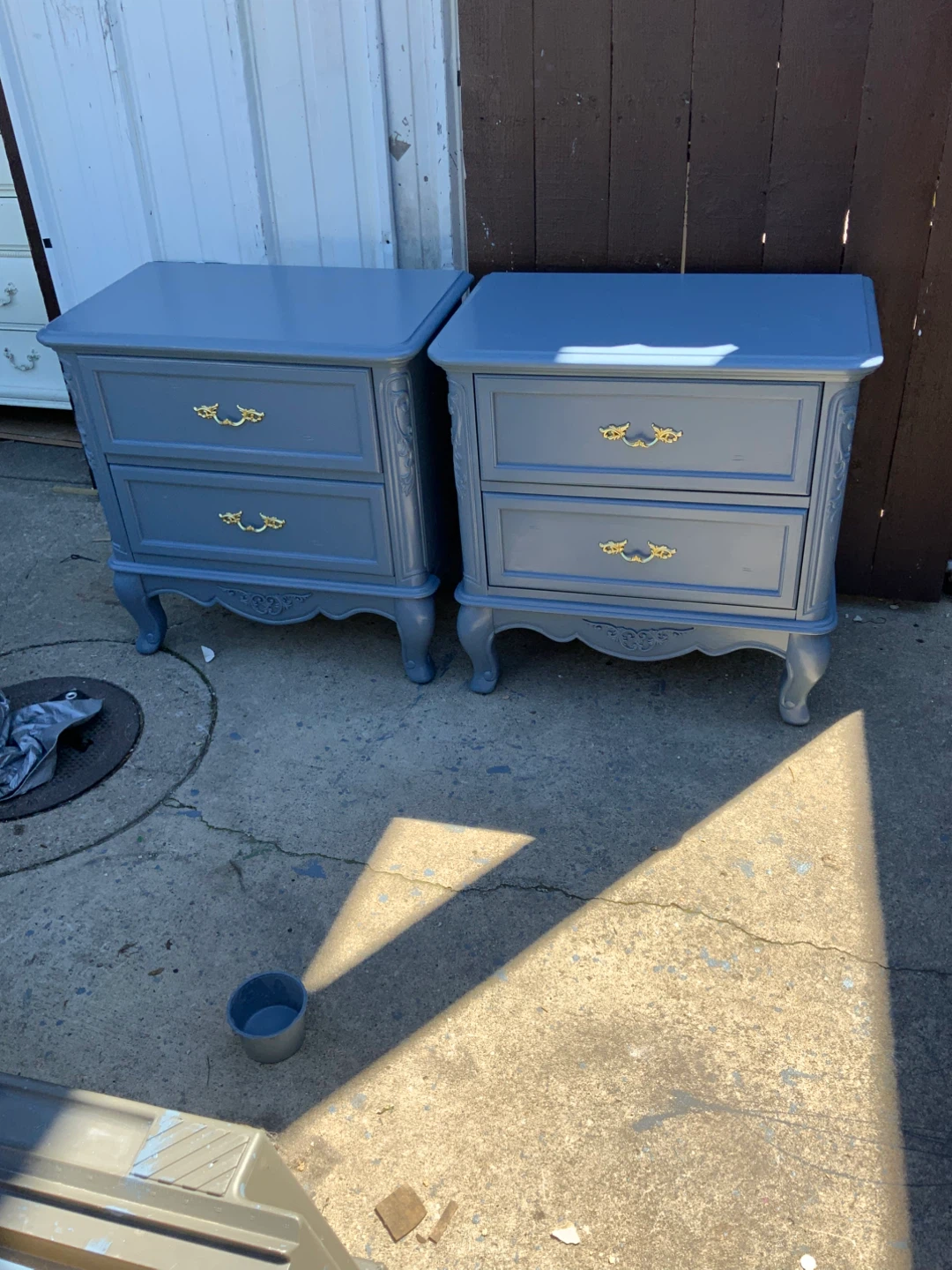 Pair of Blue 2-Drawer Nightstands with Gold Hardware
