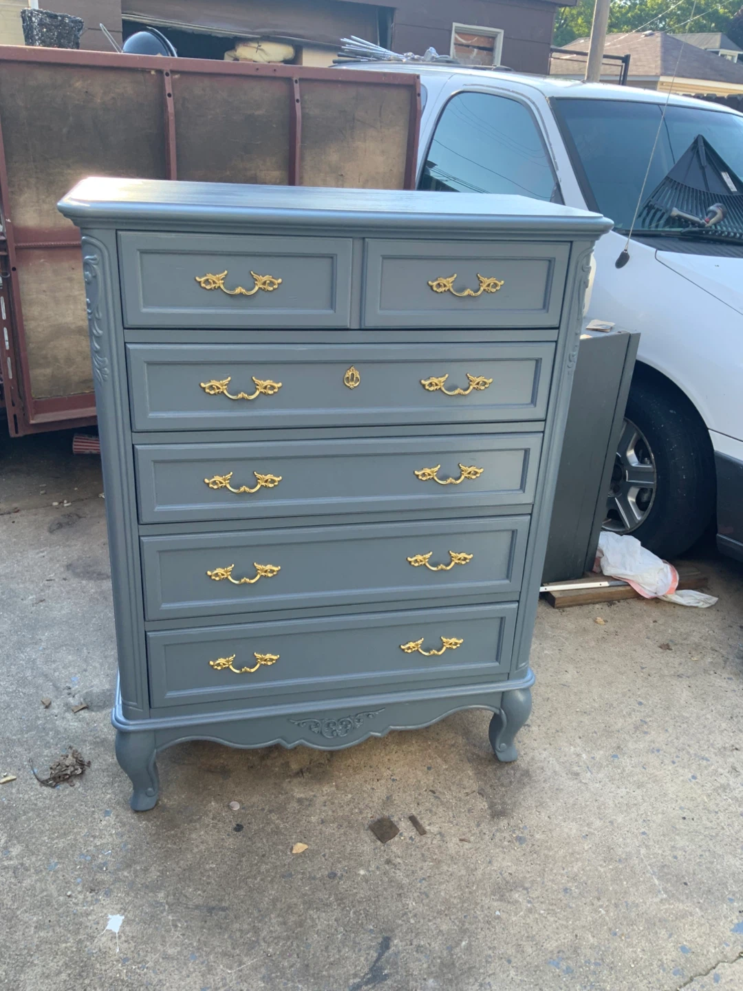 Gray Tall Dresser with Gold Hardware