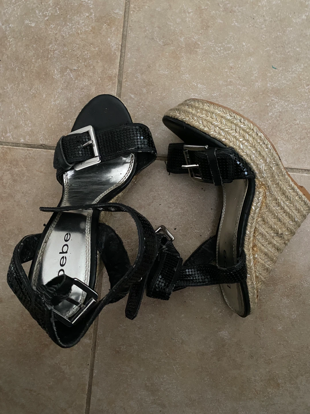 Bebe Black Wedge Espadrille Sandals