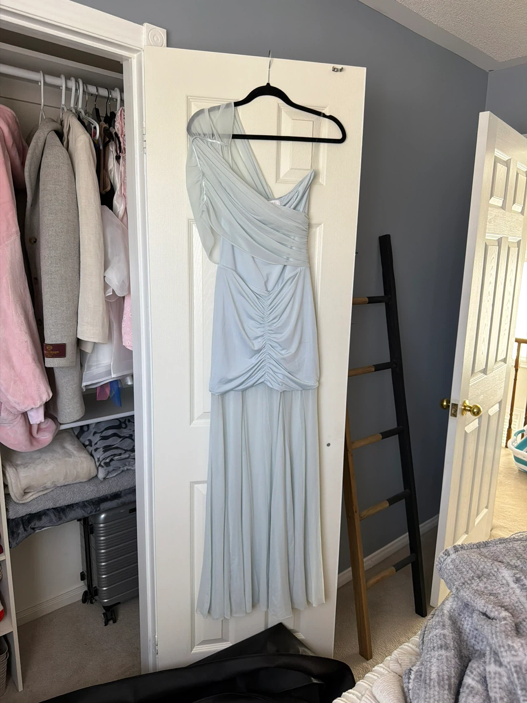 Light Blue One-Shoulder Ruched Maxi Dress