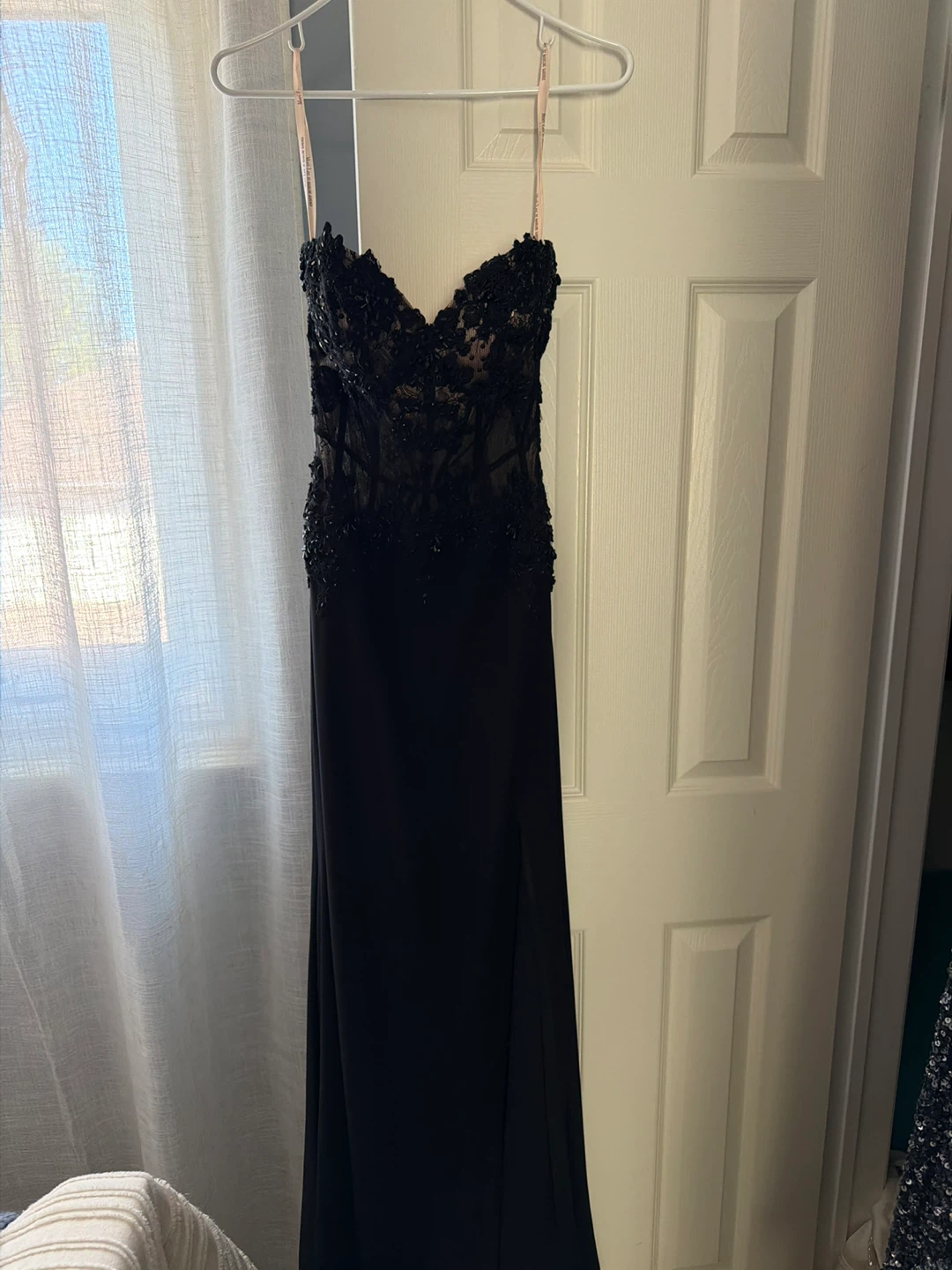 Black Lace Corset Gown with Slit/Prom Dress