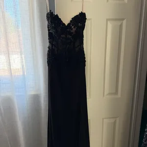 Black Lace Corset Gown with Slit/Prom Dress