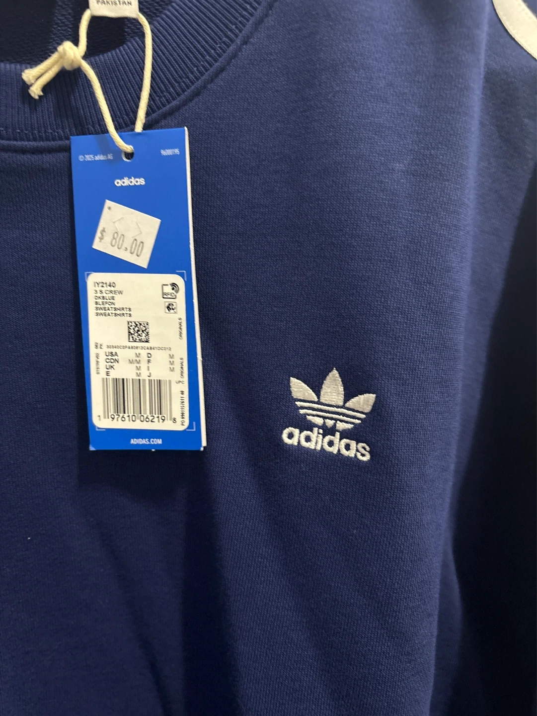 Adidas 3-Stripes Crewneck Sweatshirt - Navy Blue - Size Medium - photo 2