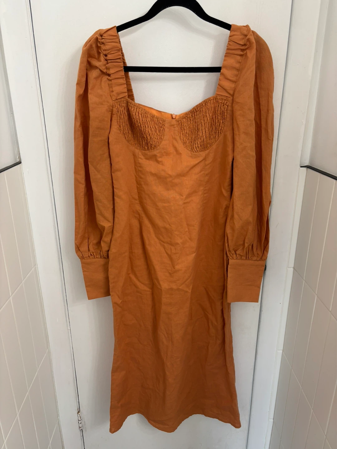 Charlie Holiday Orange Smocked Puff Sleeve Midi Dress
