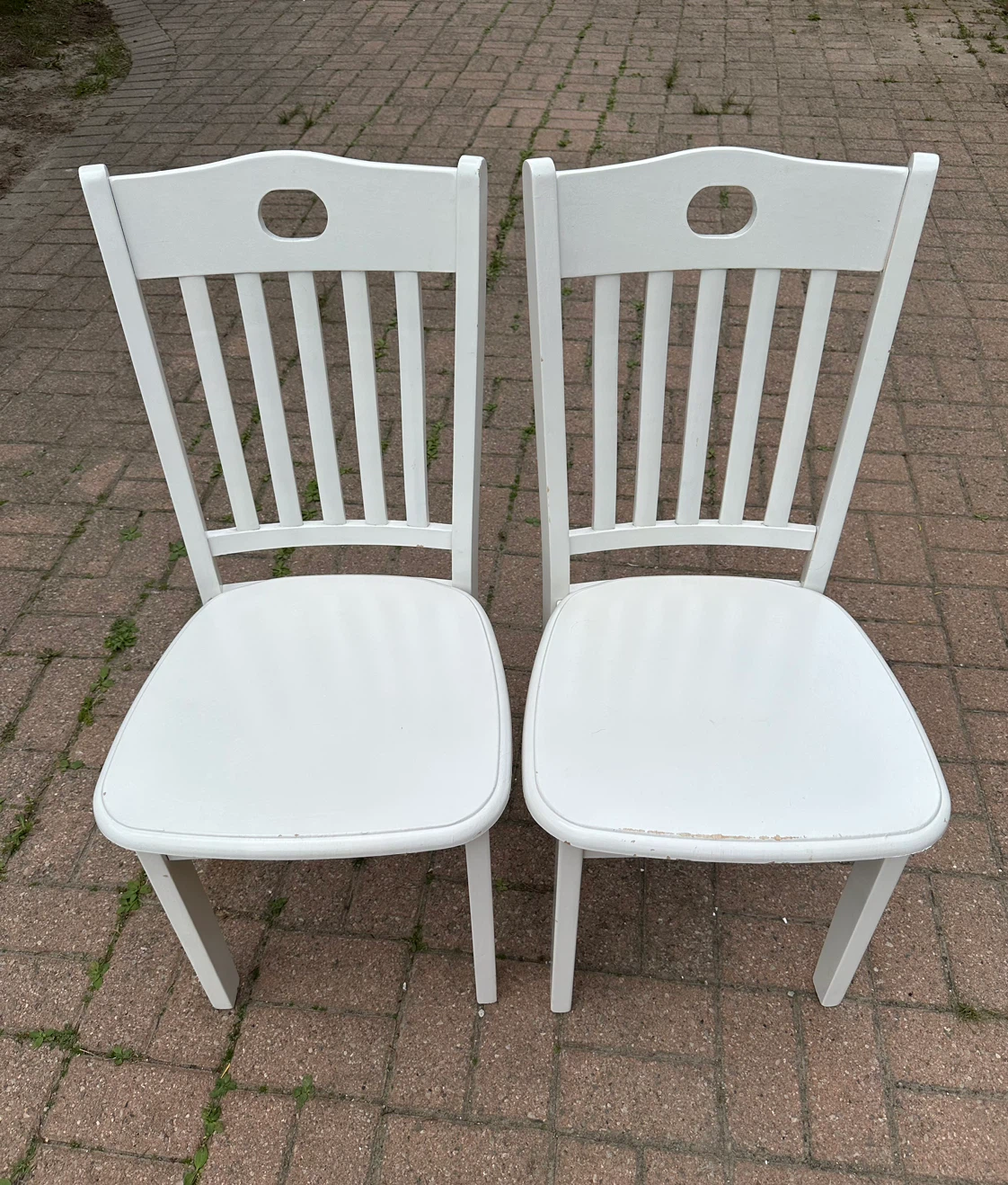 IKEA white wooden dining chairs, $55 for 2