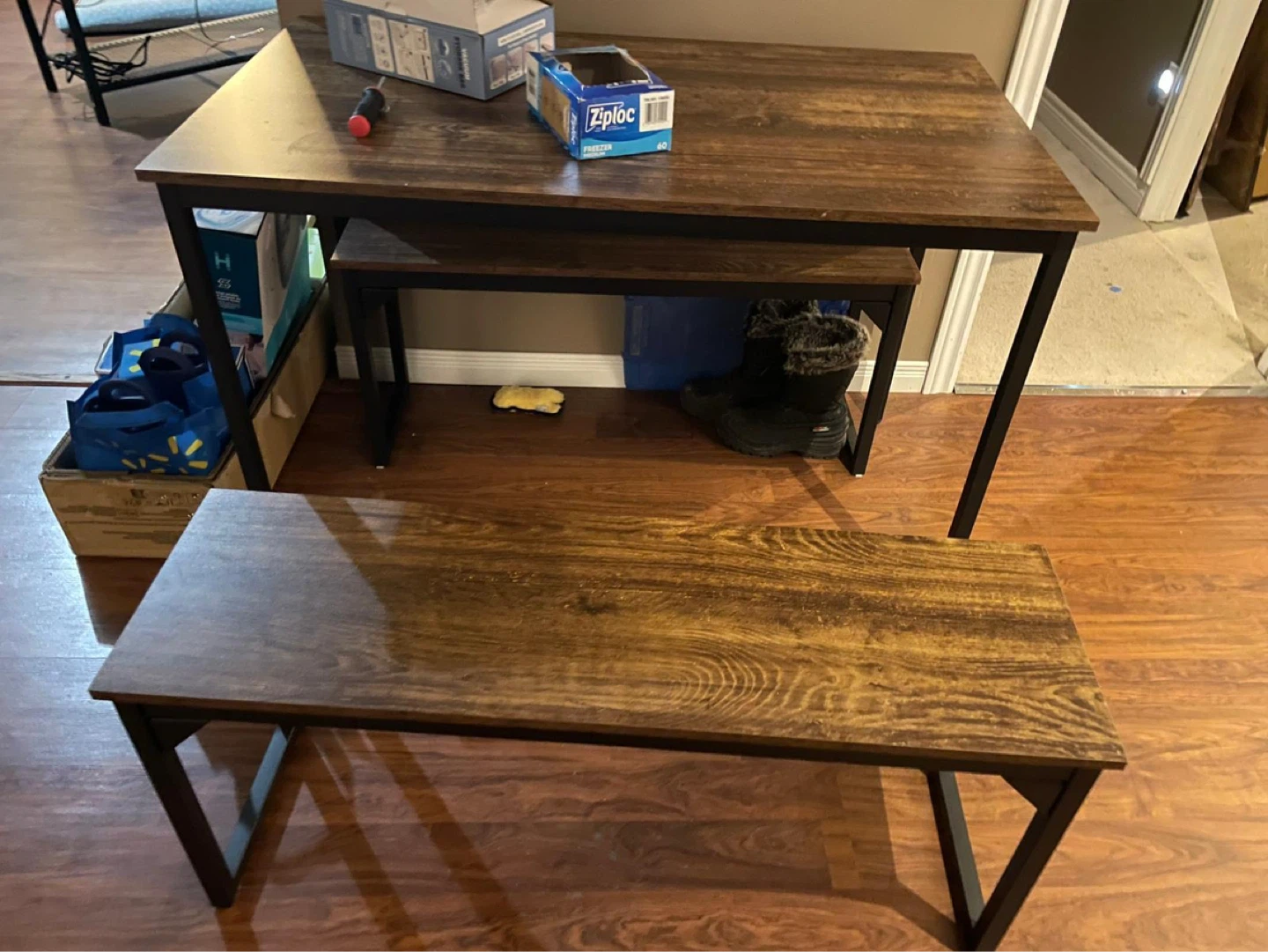 Industrial Wood Dining Table with 2 Benches