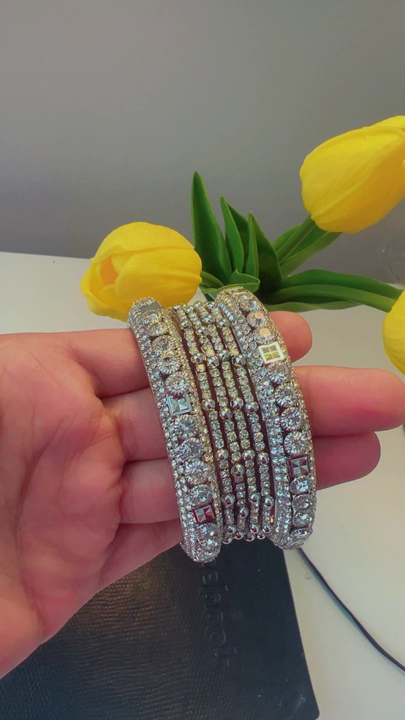 Set of 6 Silver Bangles with Rhinestones