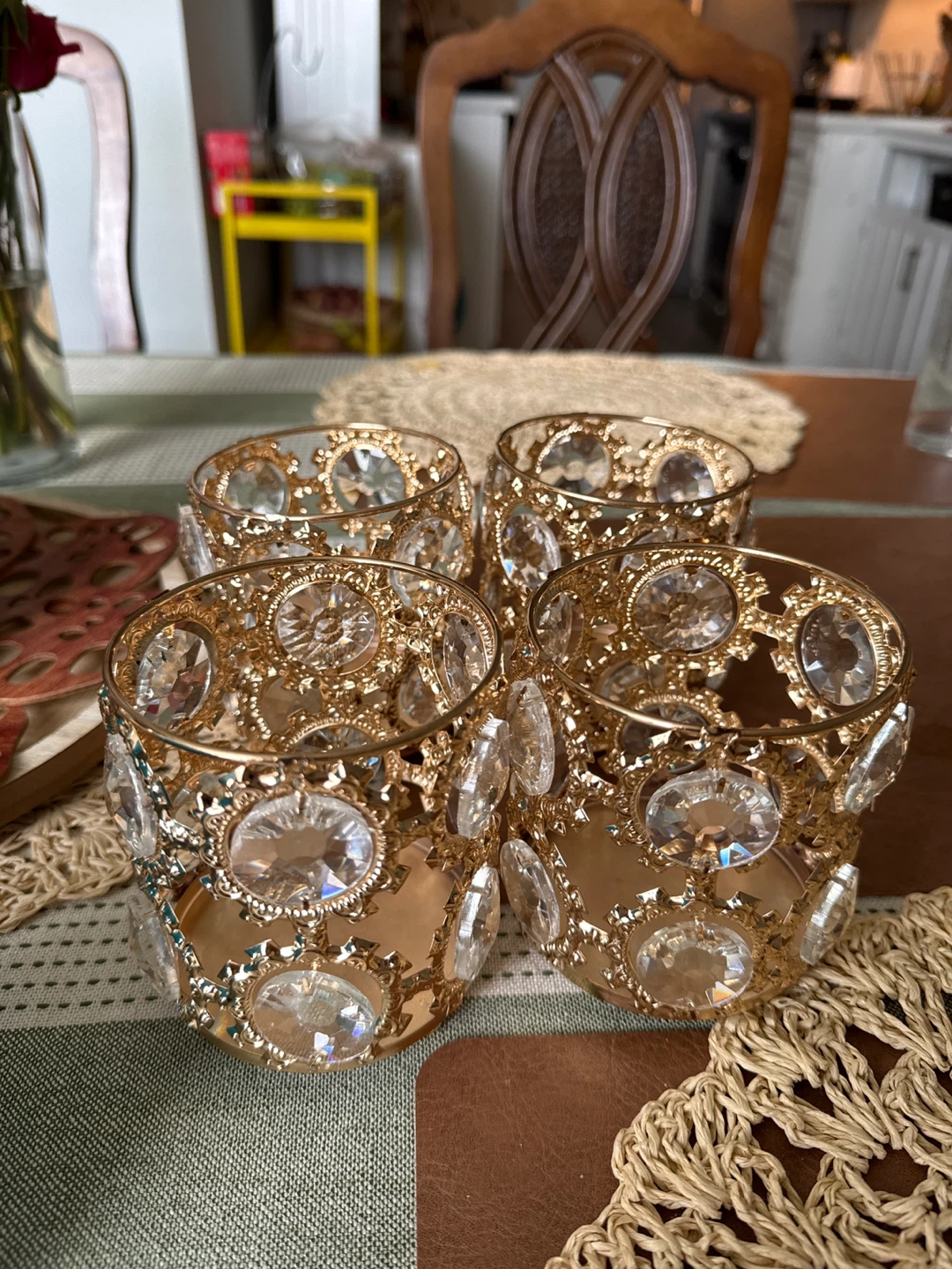 Set of 4 Gold Crystal Votive Candle Holders