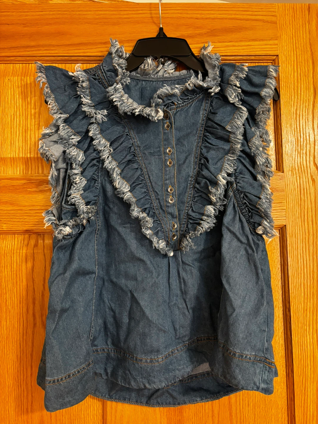 Denim Fringed Ruffle Top S