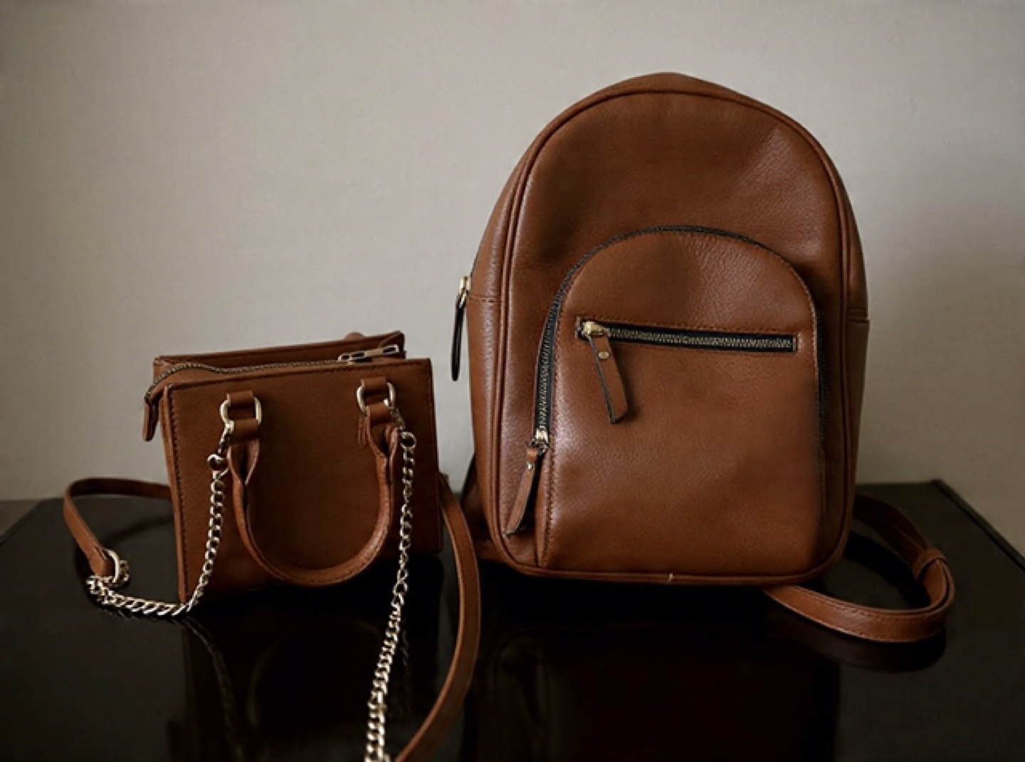Brown Faux Leather Mini Handbag and Backpack Set