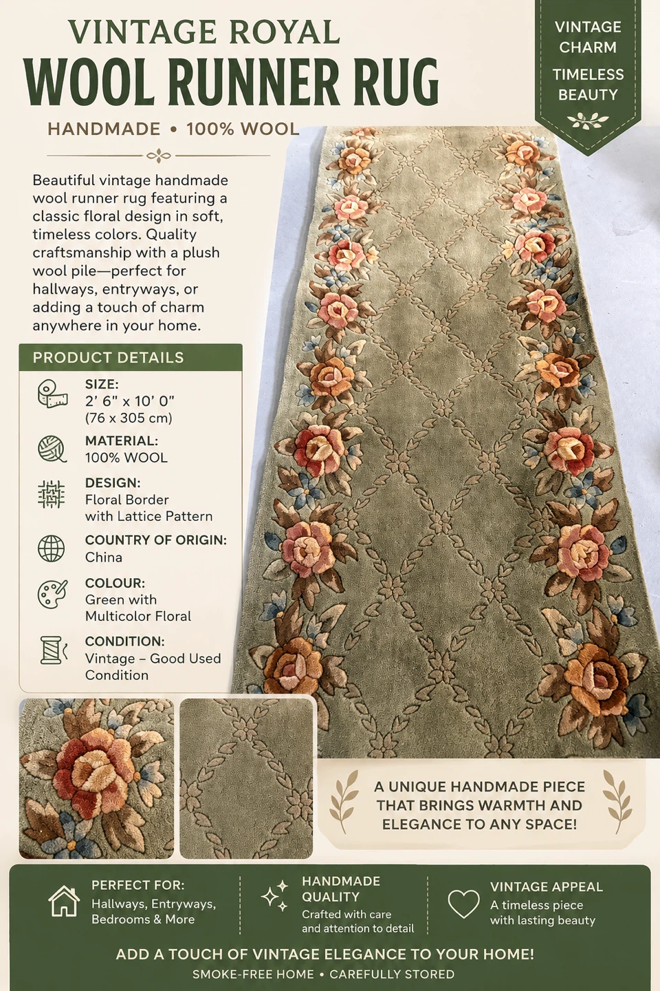 Vintage Royal Wool Runner Rug