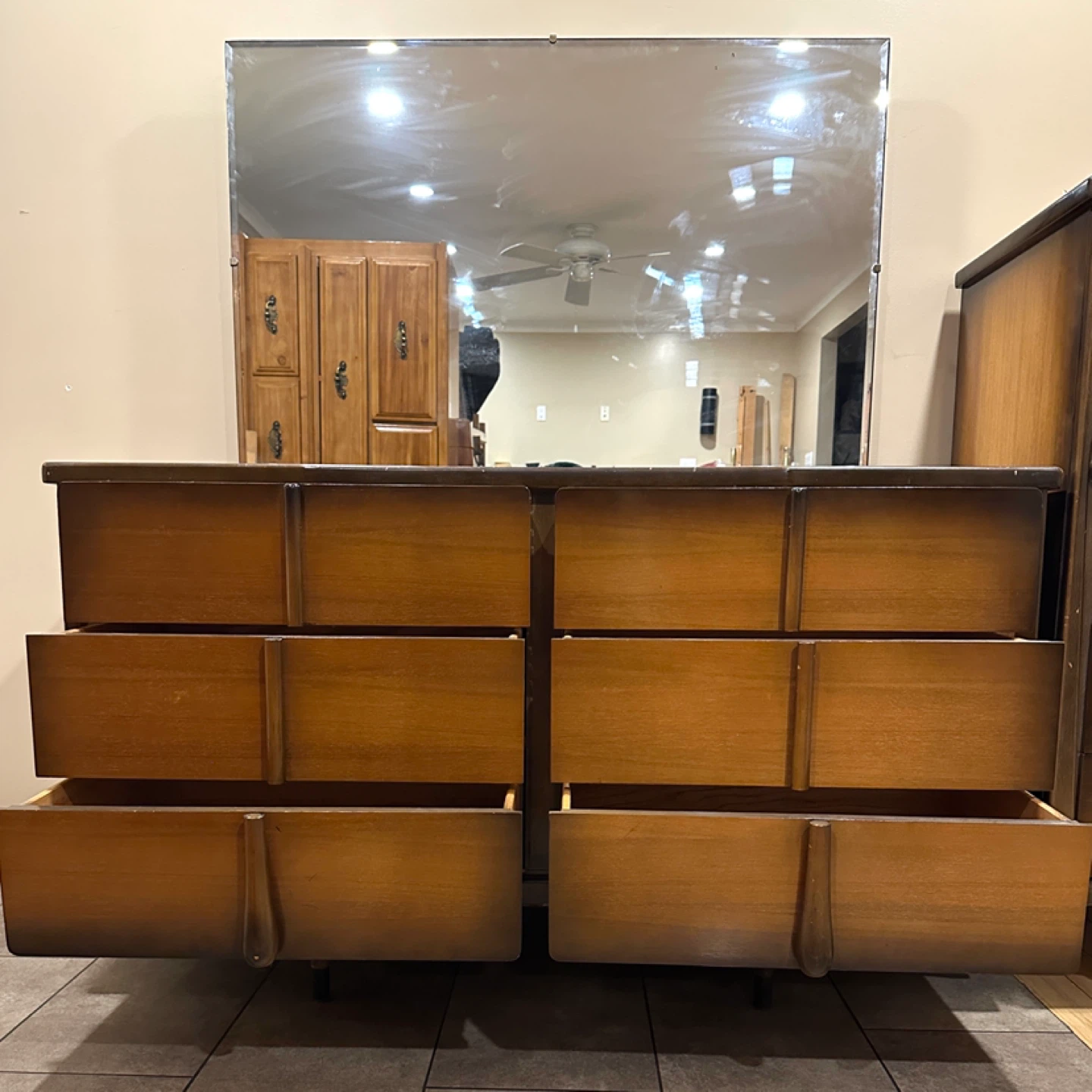 Vintage MCM Walnut Tribond Dresser with Mirror (CAN DELIVER) - photo 4