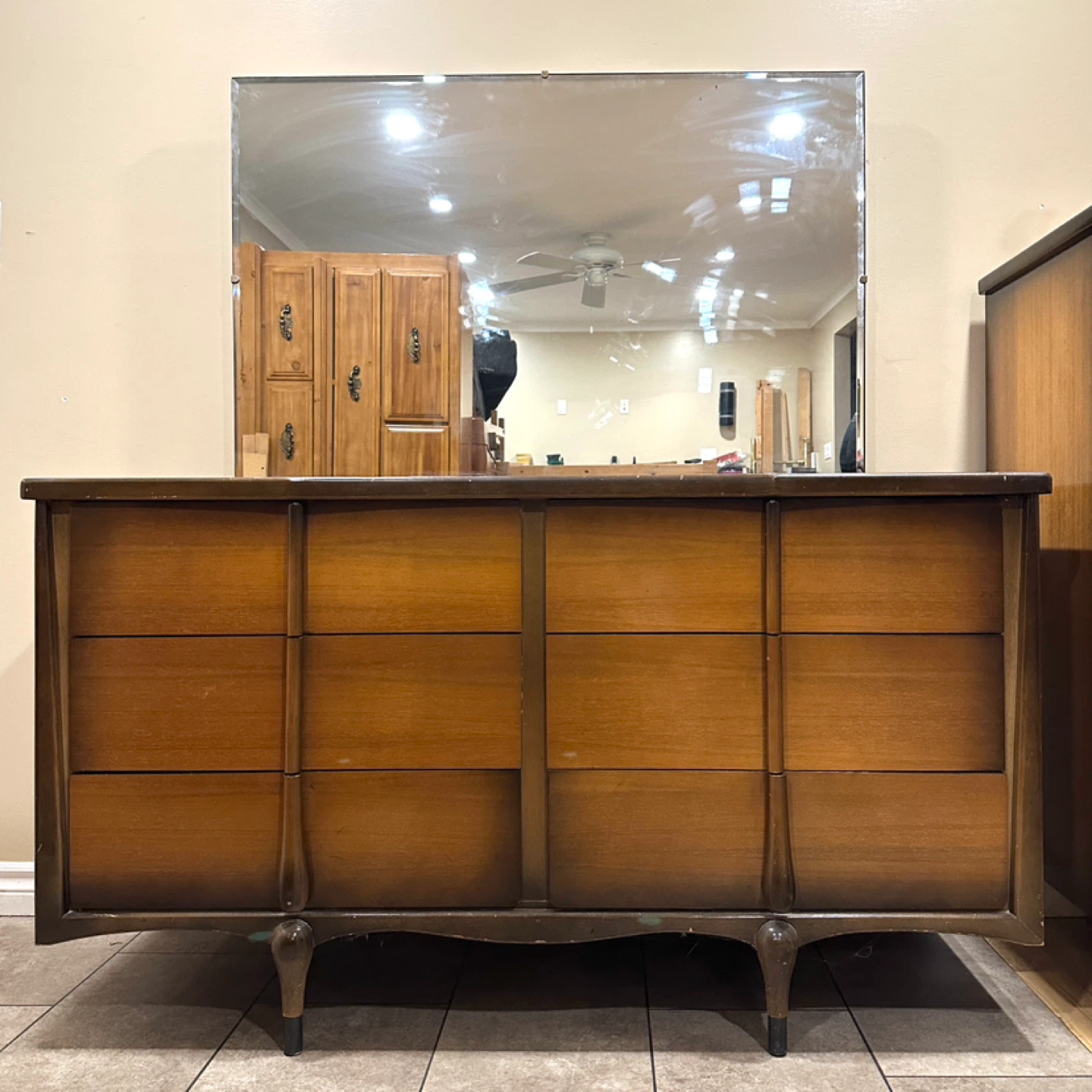 Vintage MCM Walnut Tribond Dresser with Mirror (CAN DELIVER)