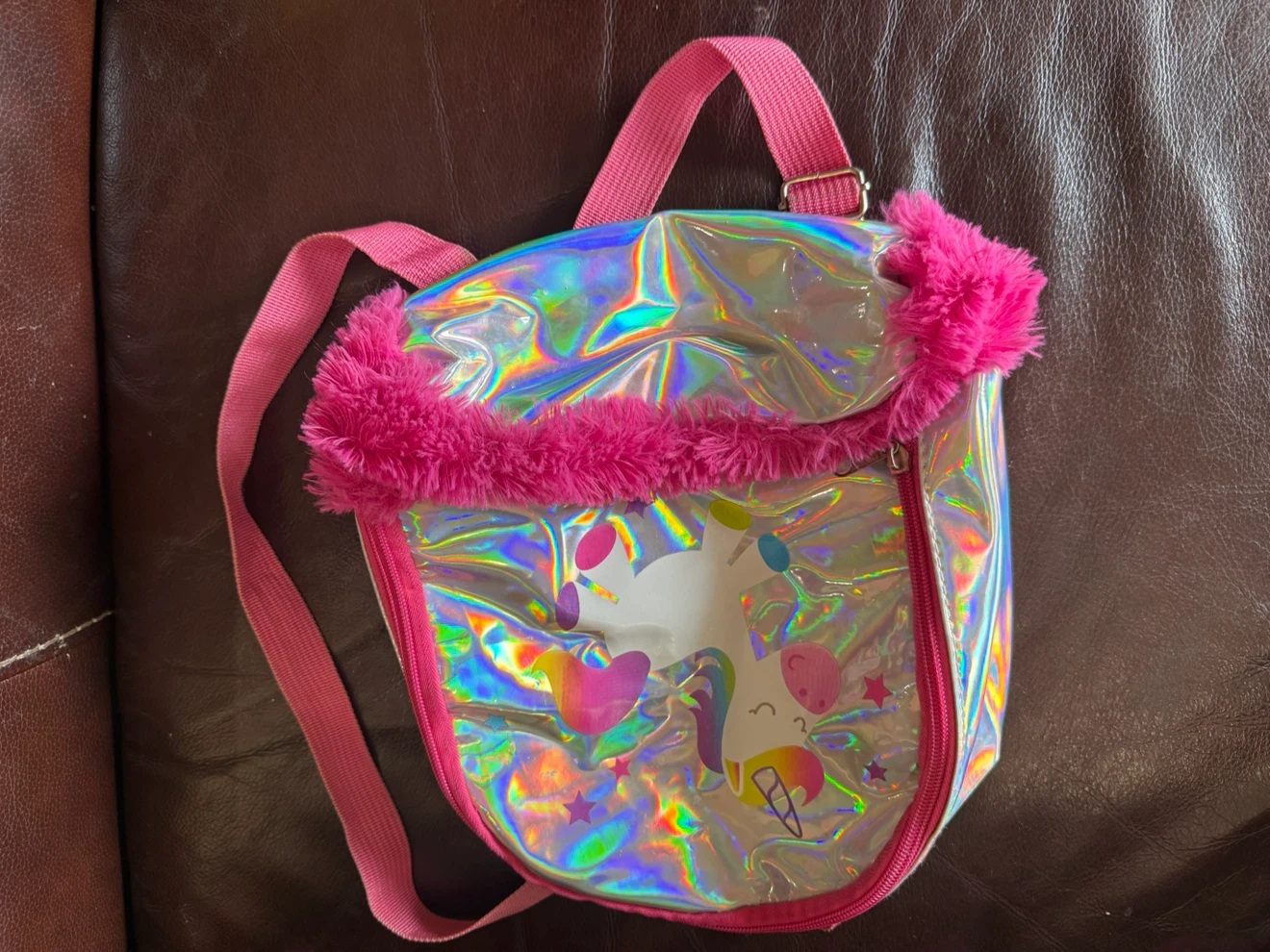 Holographic Unicorn Backpack with Pink Fur Trim