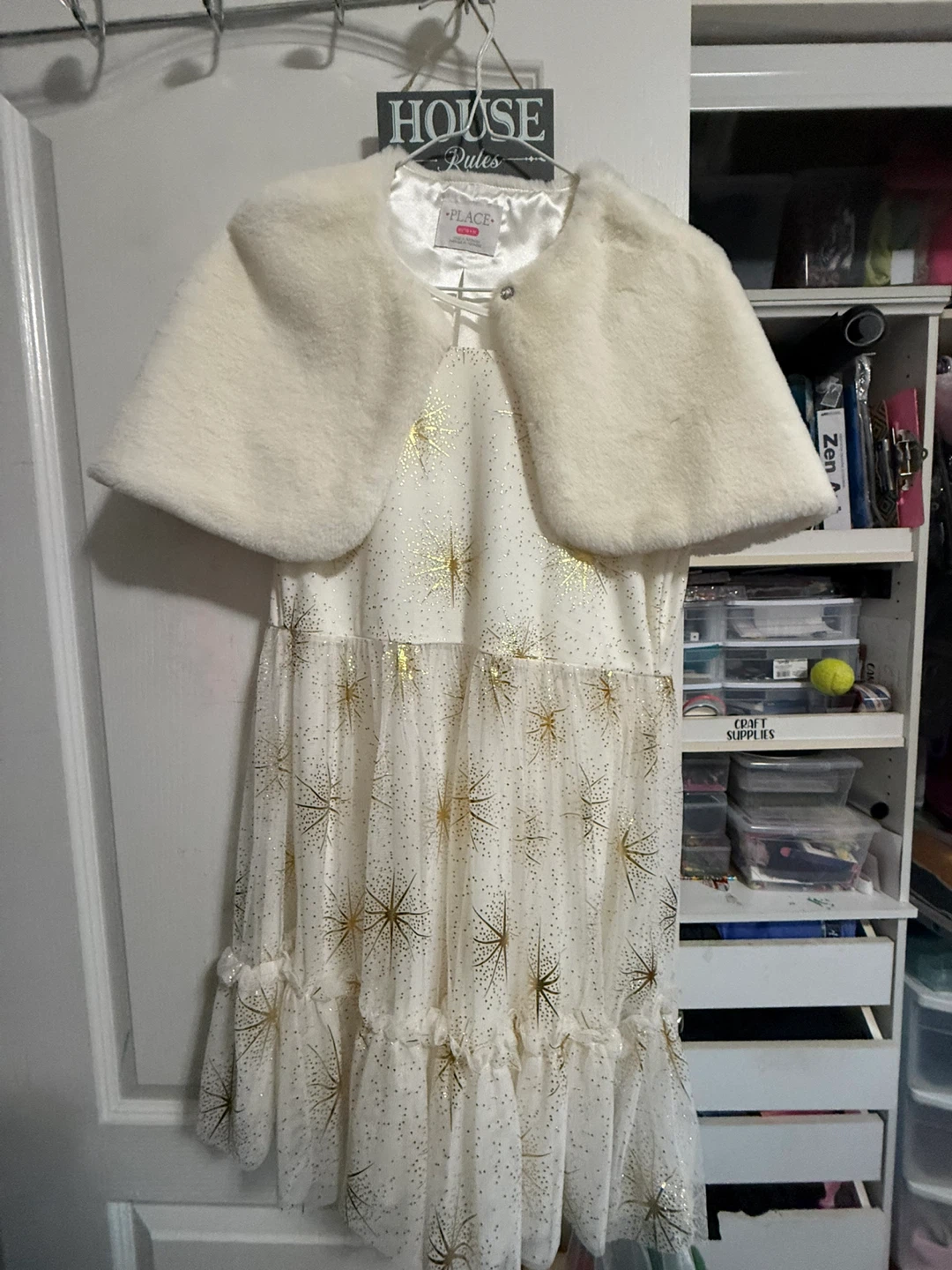 The Children's Place White Gold Star Dress with Faux Fur Cape