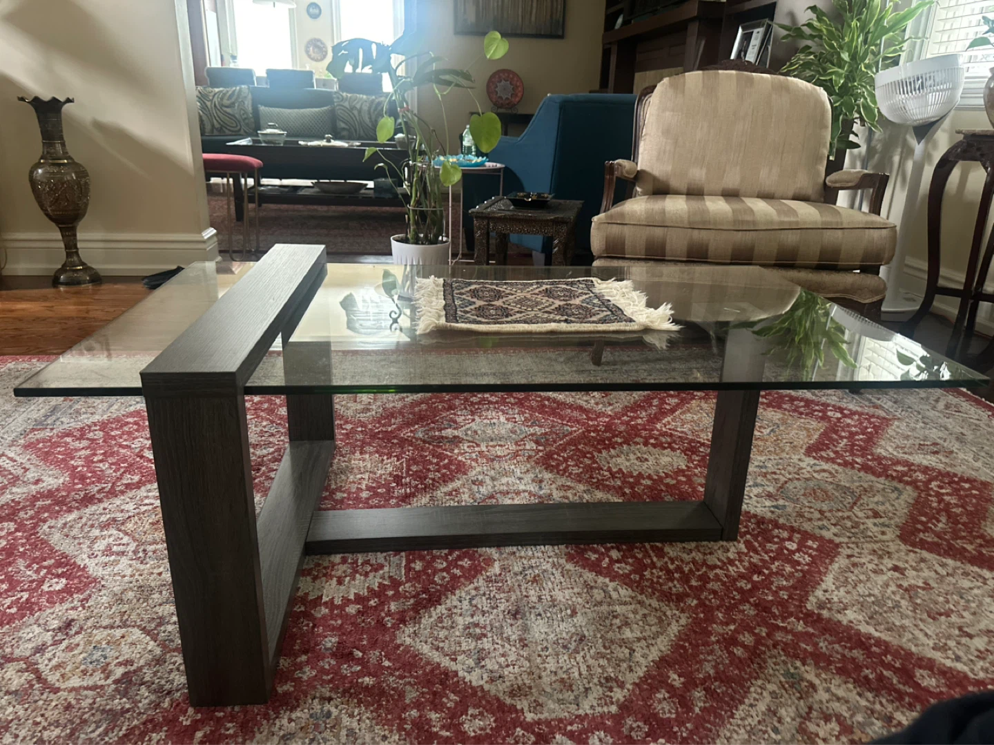 Modern Glass Coffee Table with Dark Wood Base