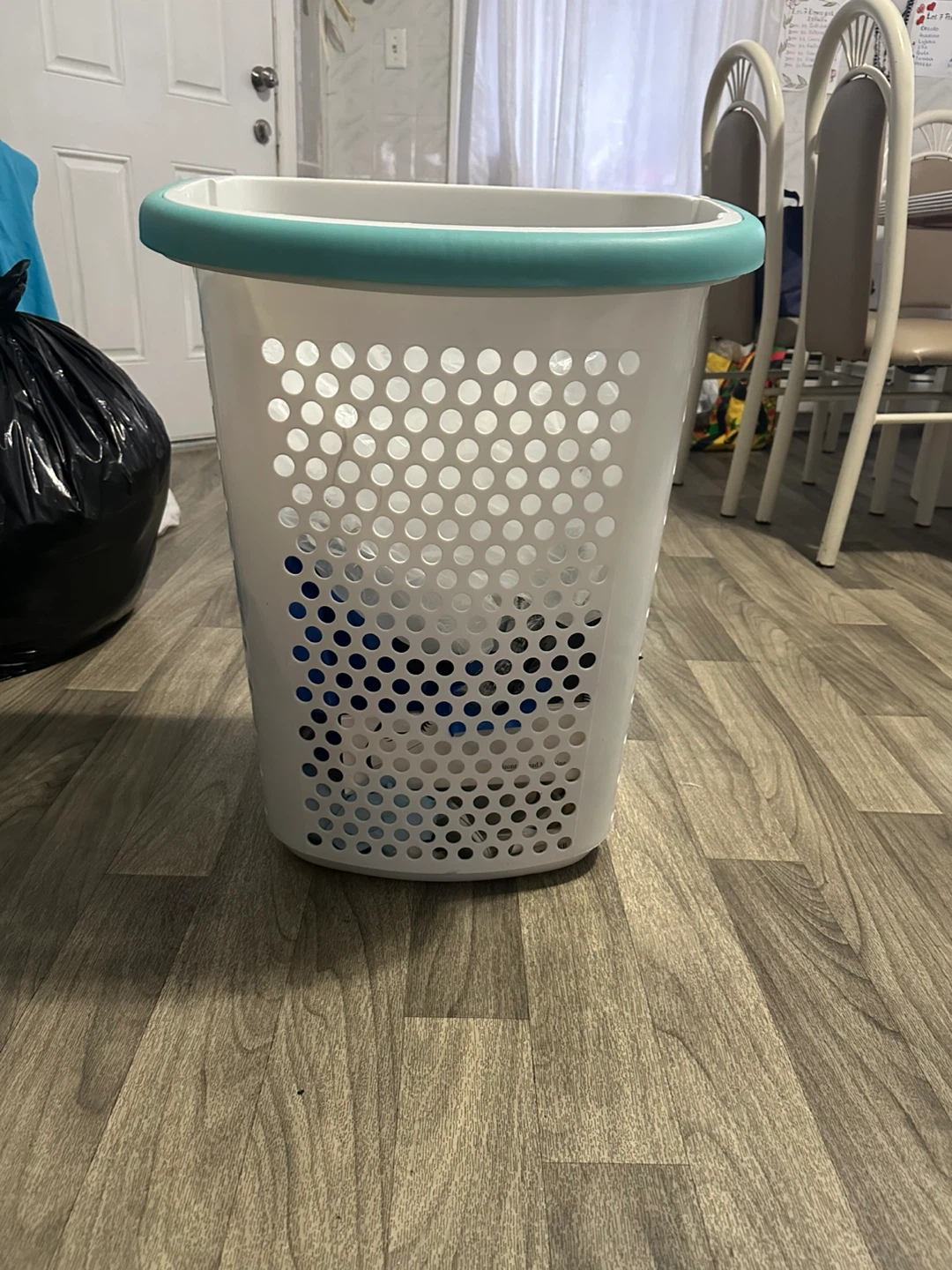 White Laundry Basket with Teal Rim