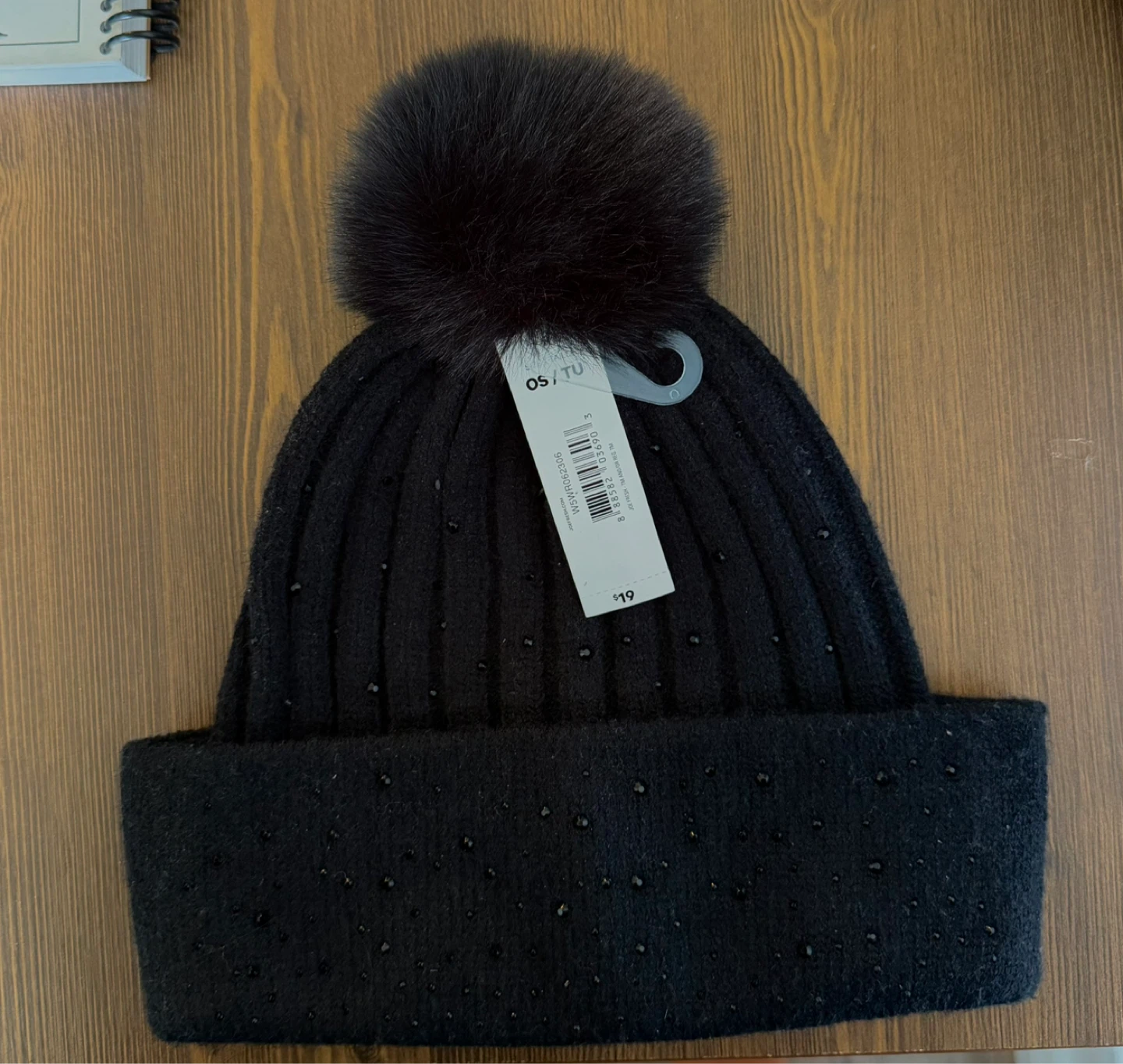 Black Joe Fresh Beanie with Pom Pom and Rhinestones - OS/TU