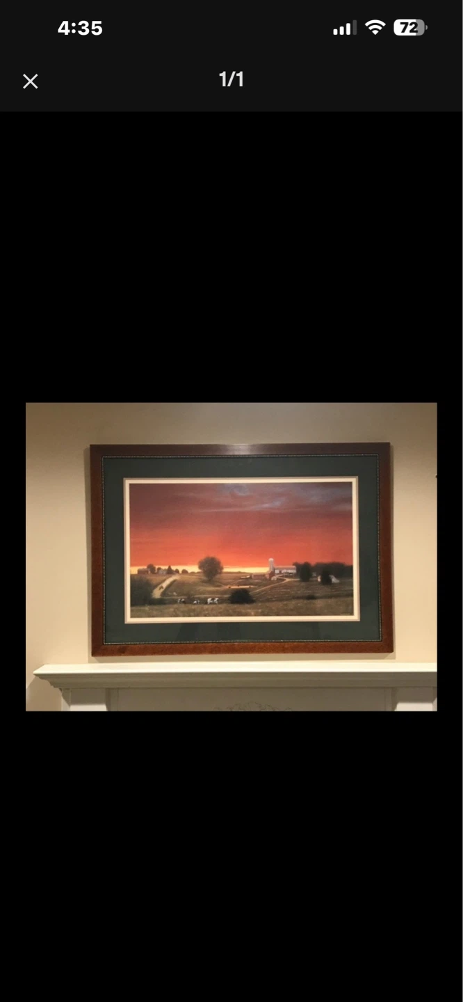 Framed Landscape Painting with Sunset Sky