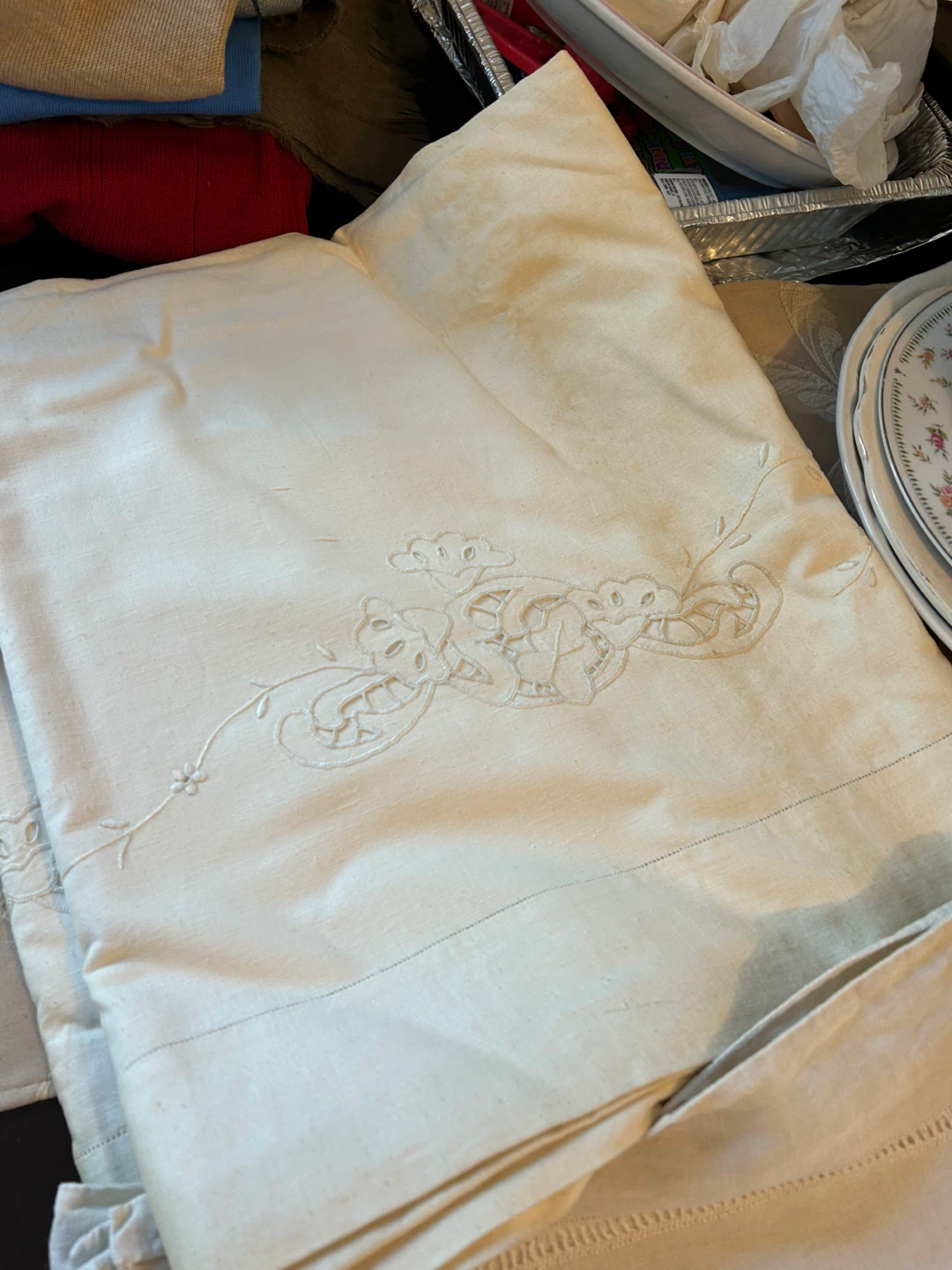 Antique dowry- Linen table cloth - had embroidered