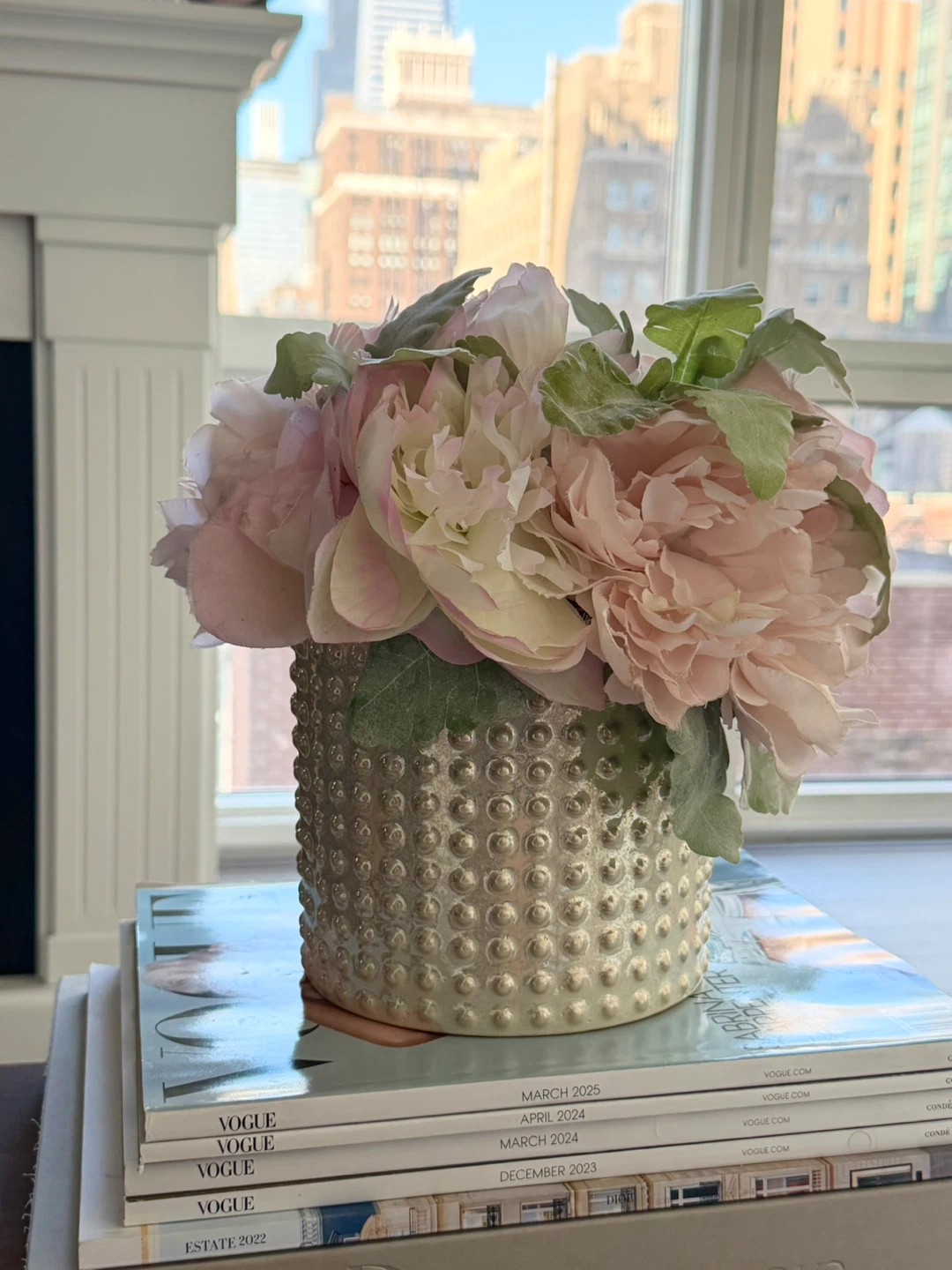 Faux Floral Arrangement in Textured Ceramic Vase