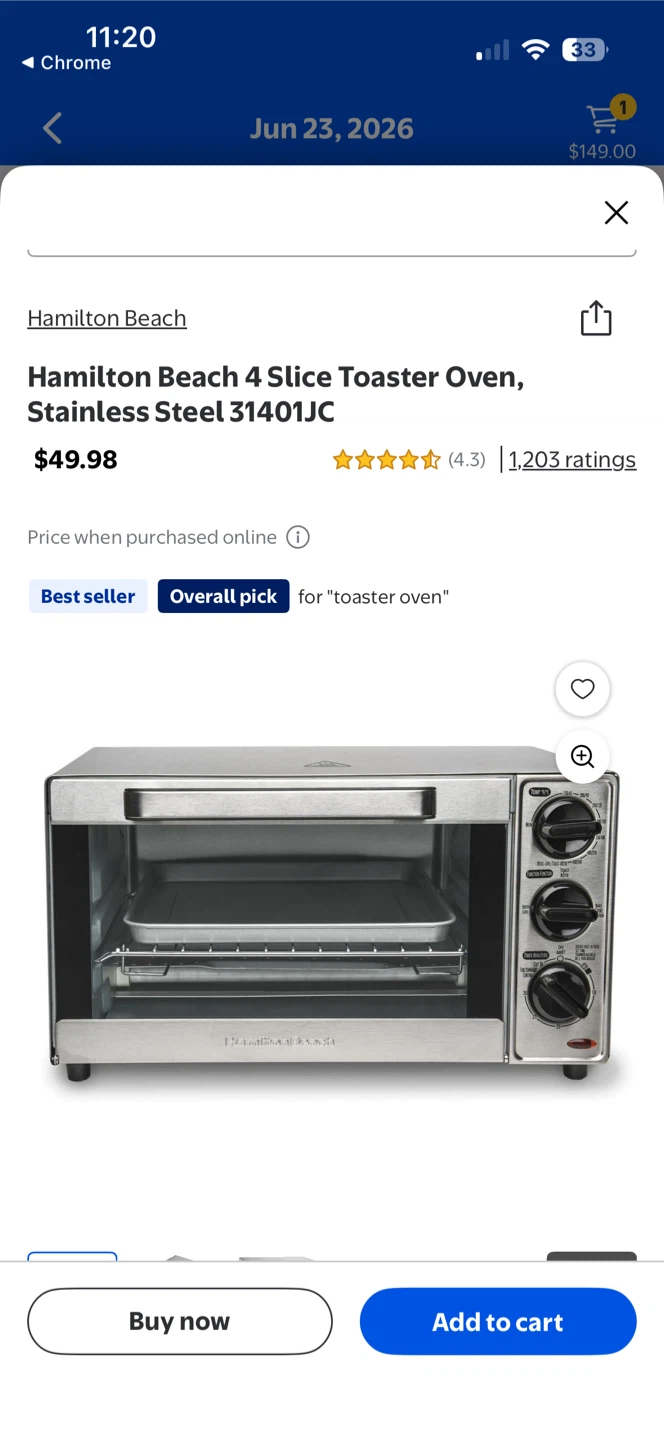 Hamilton Beach 4 Slice Toaster Oven Stainless Steel 31401JC