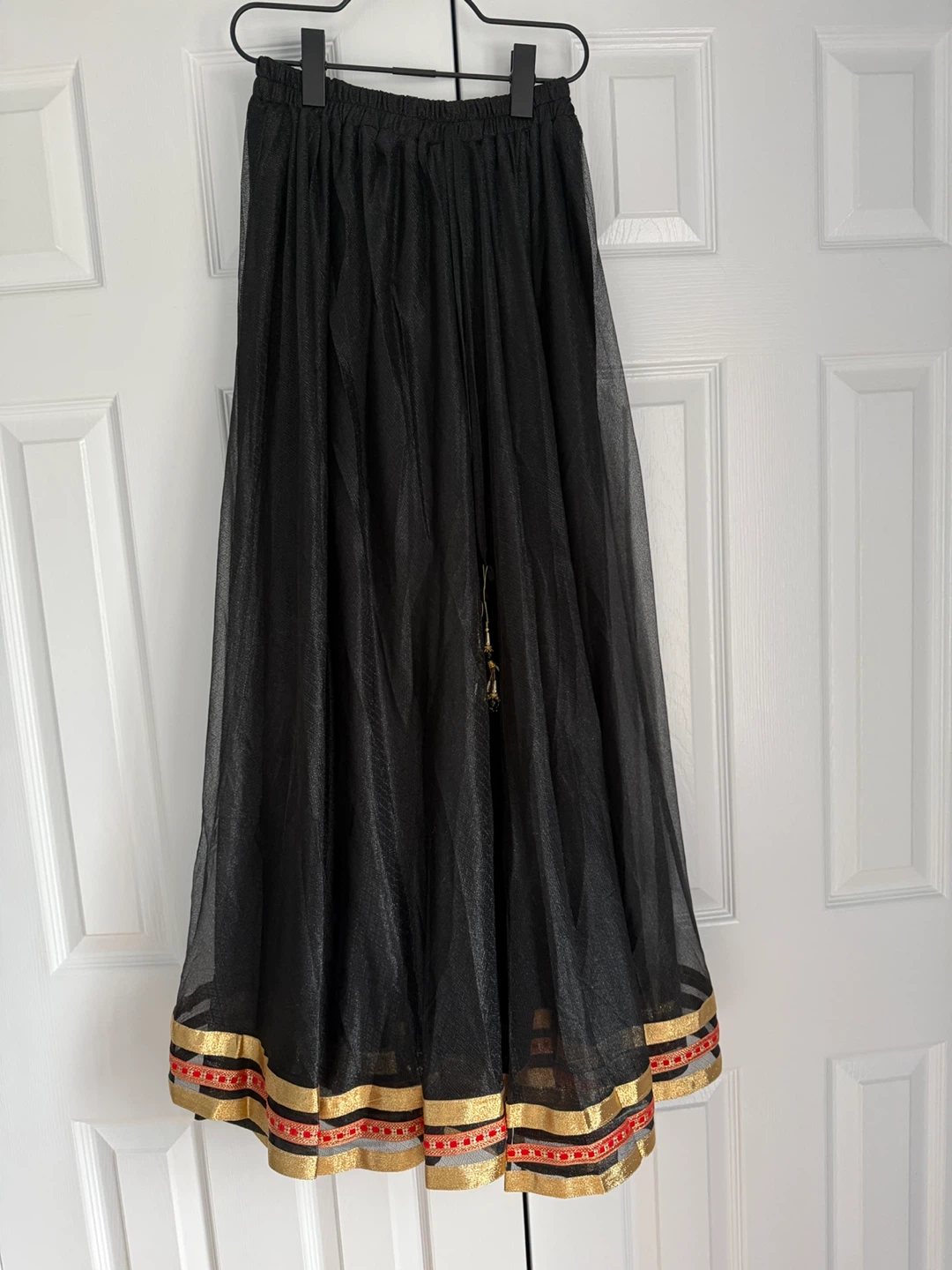 Black Tulle Maxi Skirt with Gold and Red Trim