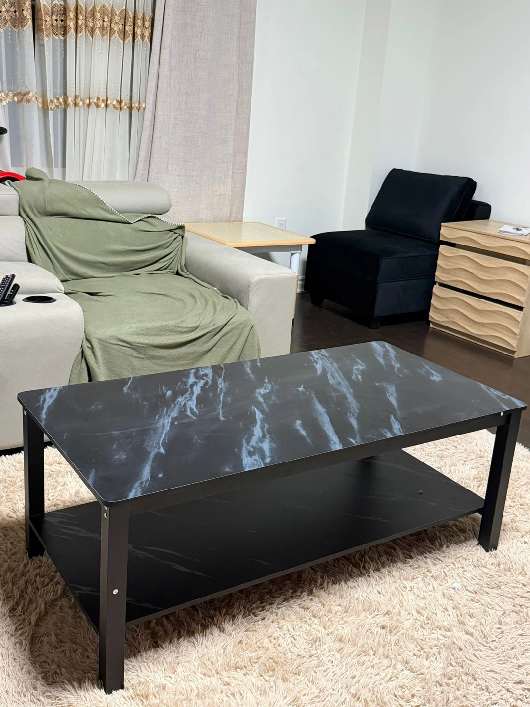 Black Marble Coffee Table with Lower Shelf