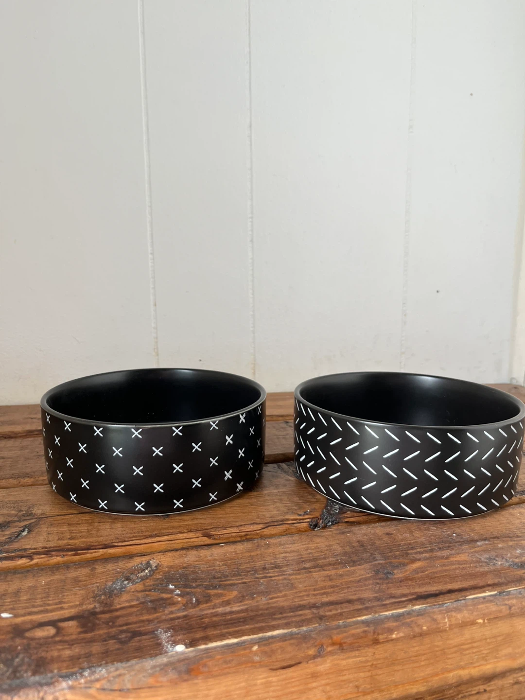 Pair of Black Pet Bowls with White Patterns