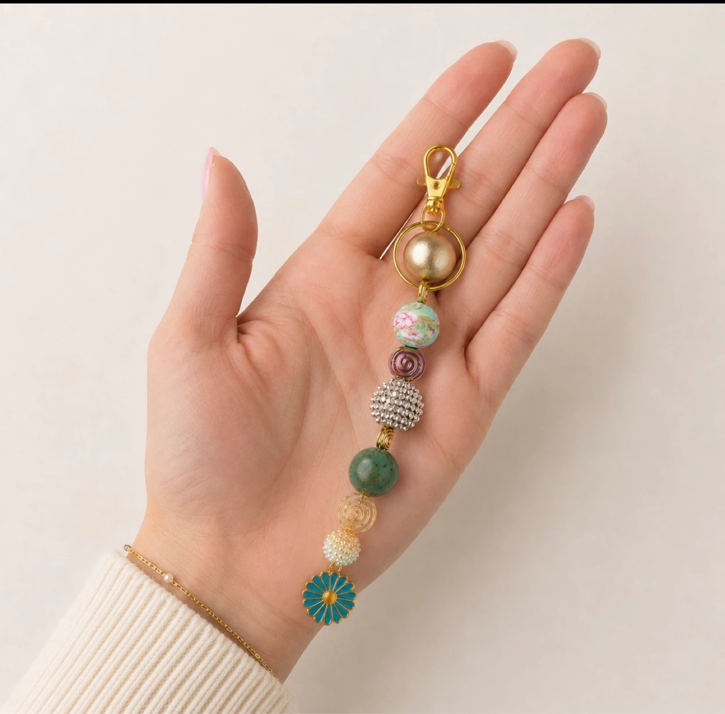 Beaded Keychain with Flower Charm