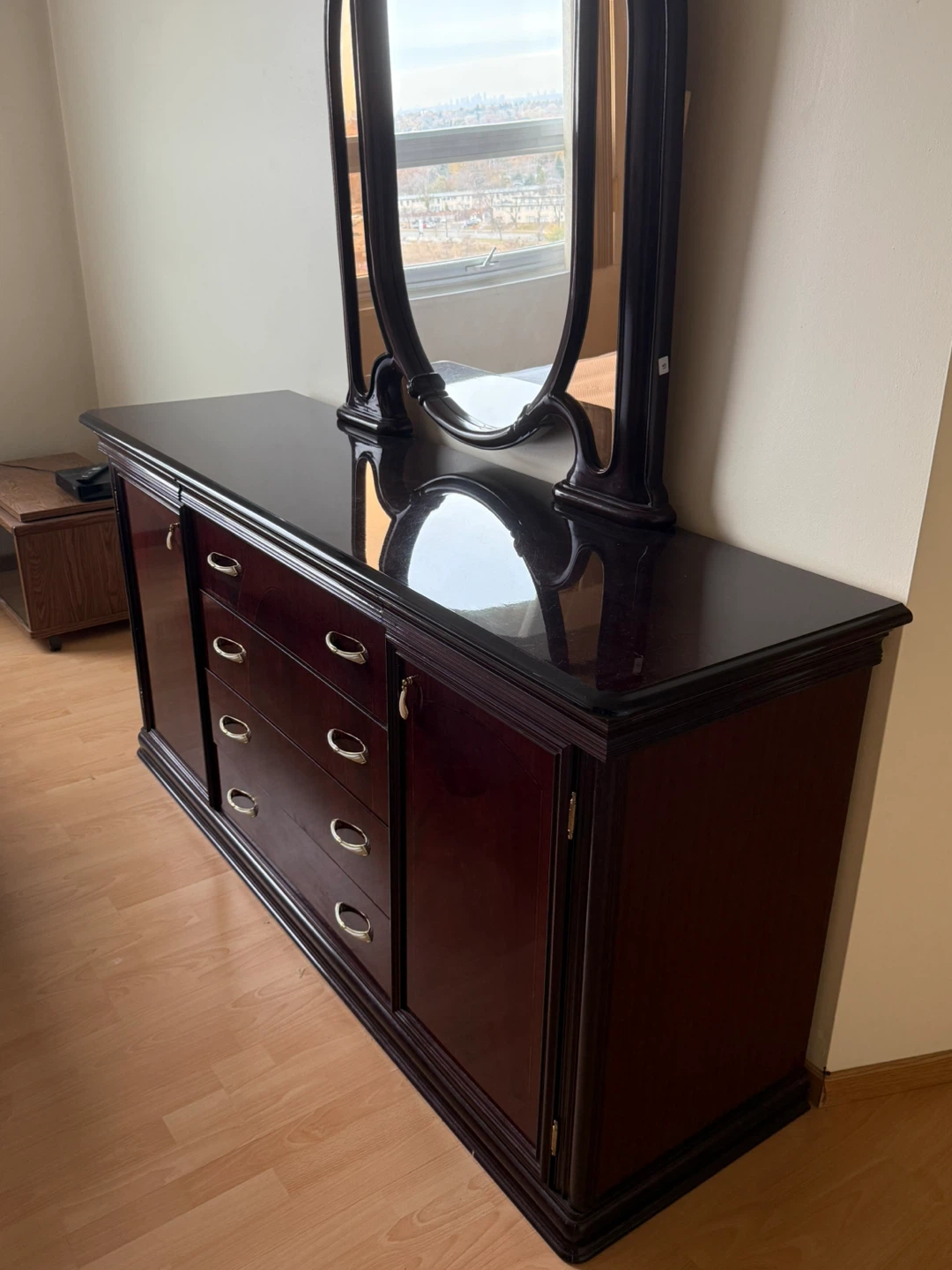 Dark Gloss Wood Dresser with Mirror - photo 2