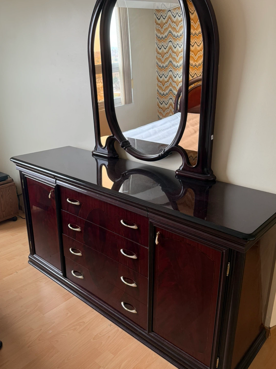 Dark Gloss Wood Dresser with Mirror