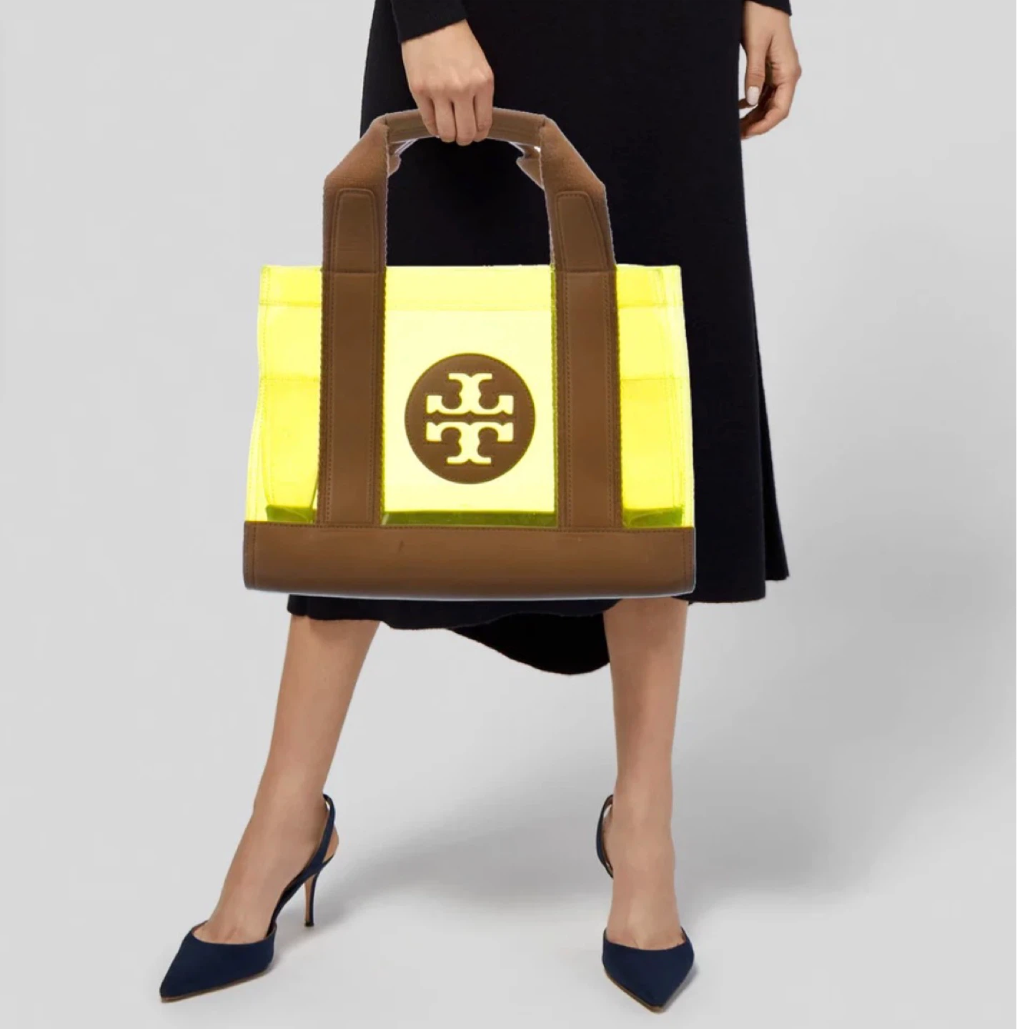 Tory Burch Yellow Transparent Brown Leather Tote Bag