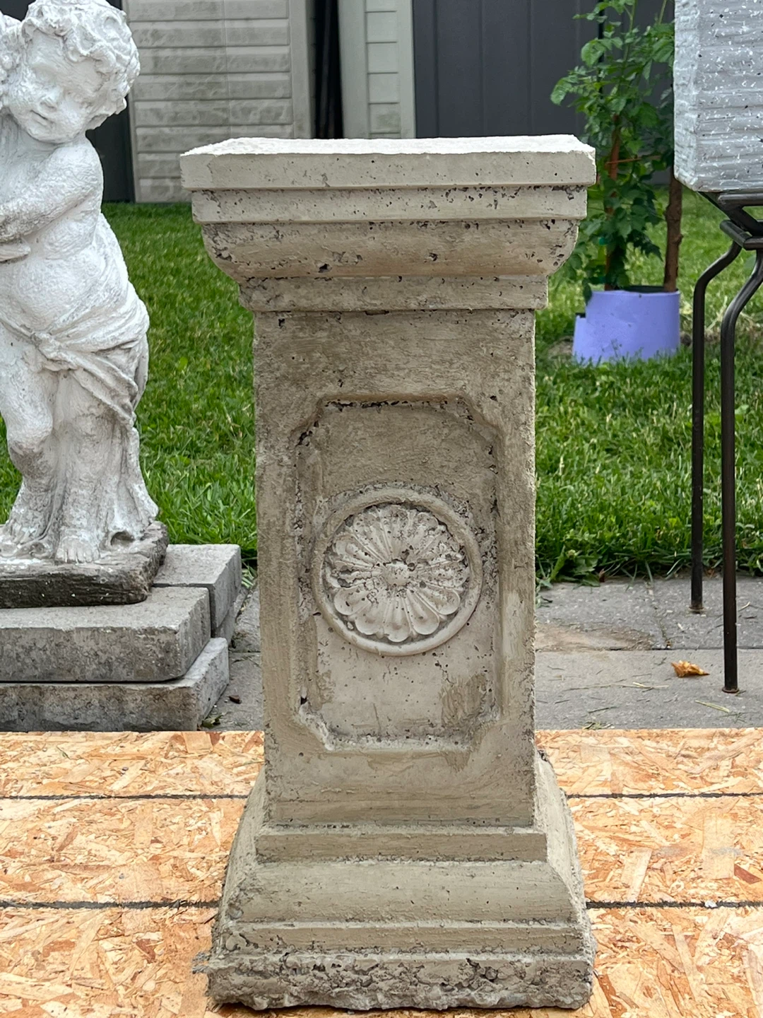 Concrete Pedestal Stand with Floral Medallion
