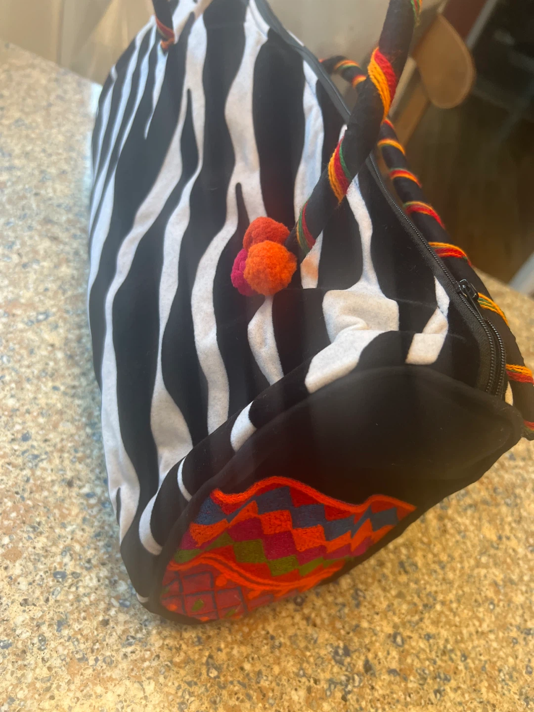 Hand embroidery Zebra Print Duffle Bag with Pom Poms - photo 3