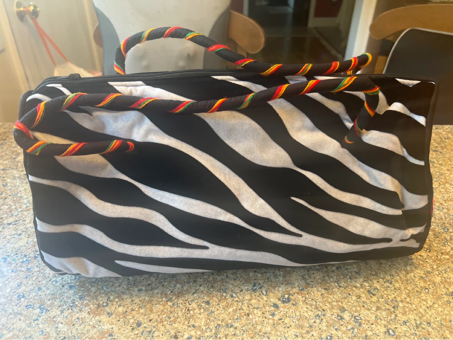 Hand embroidery Zebra Print Duffle Bag with Pom Poms